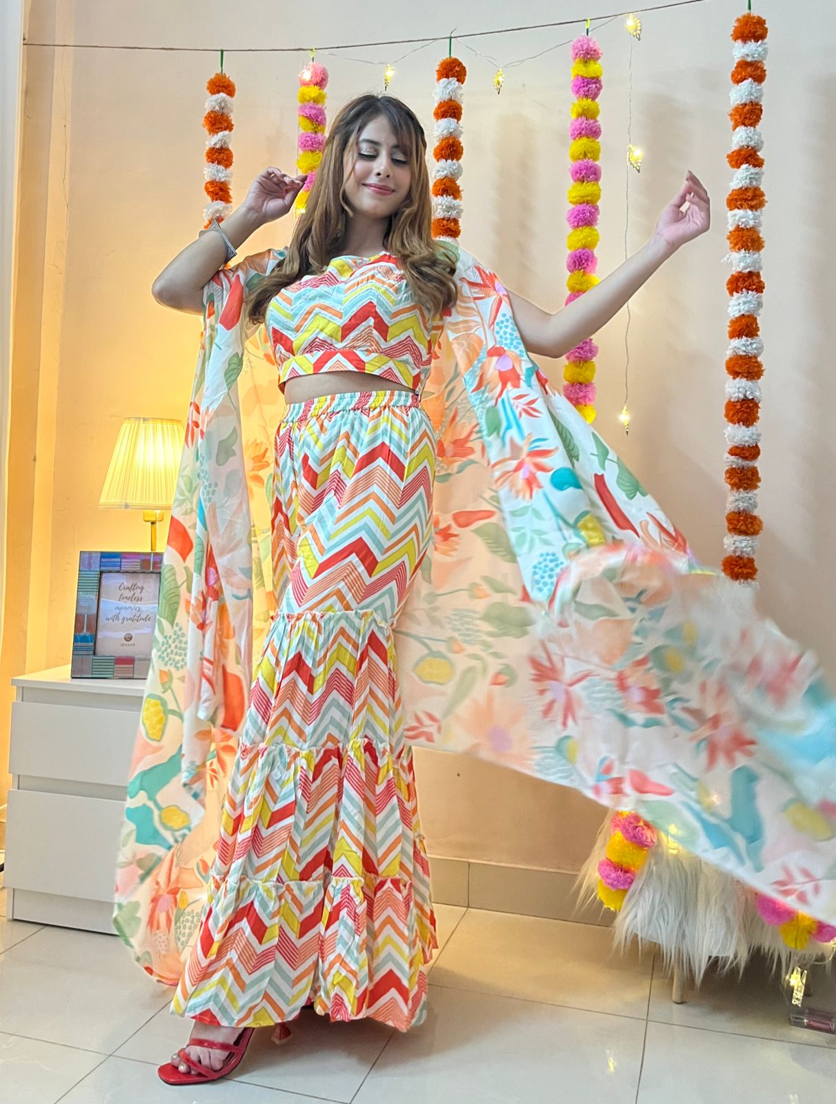 Urban Mystic Printed Crop Top with Sharara and Shrug