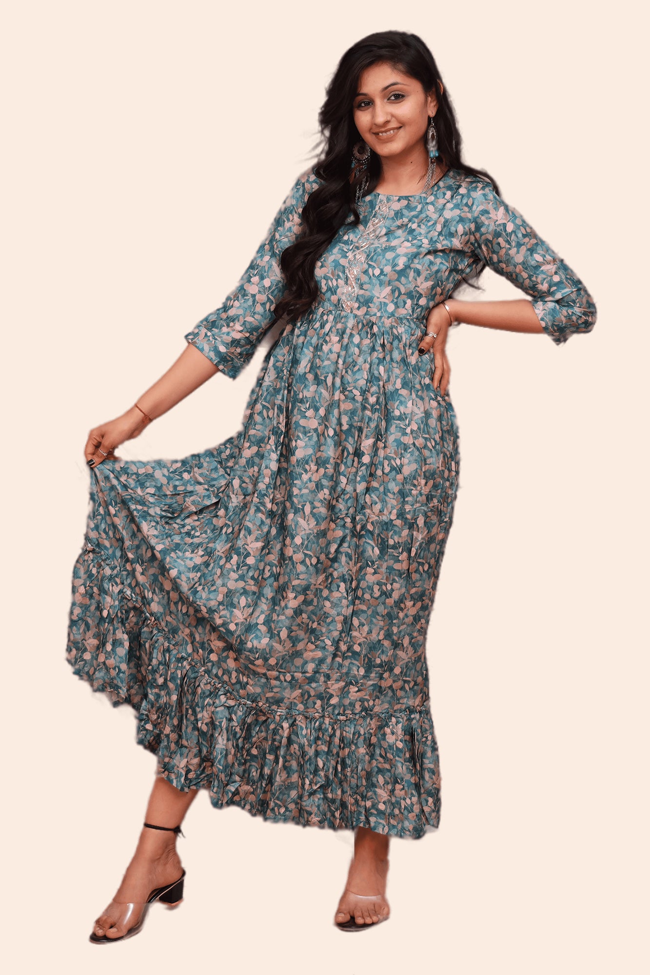 Urban Mystic Green Floral Print Maxi  Dress