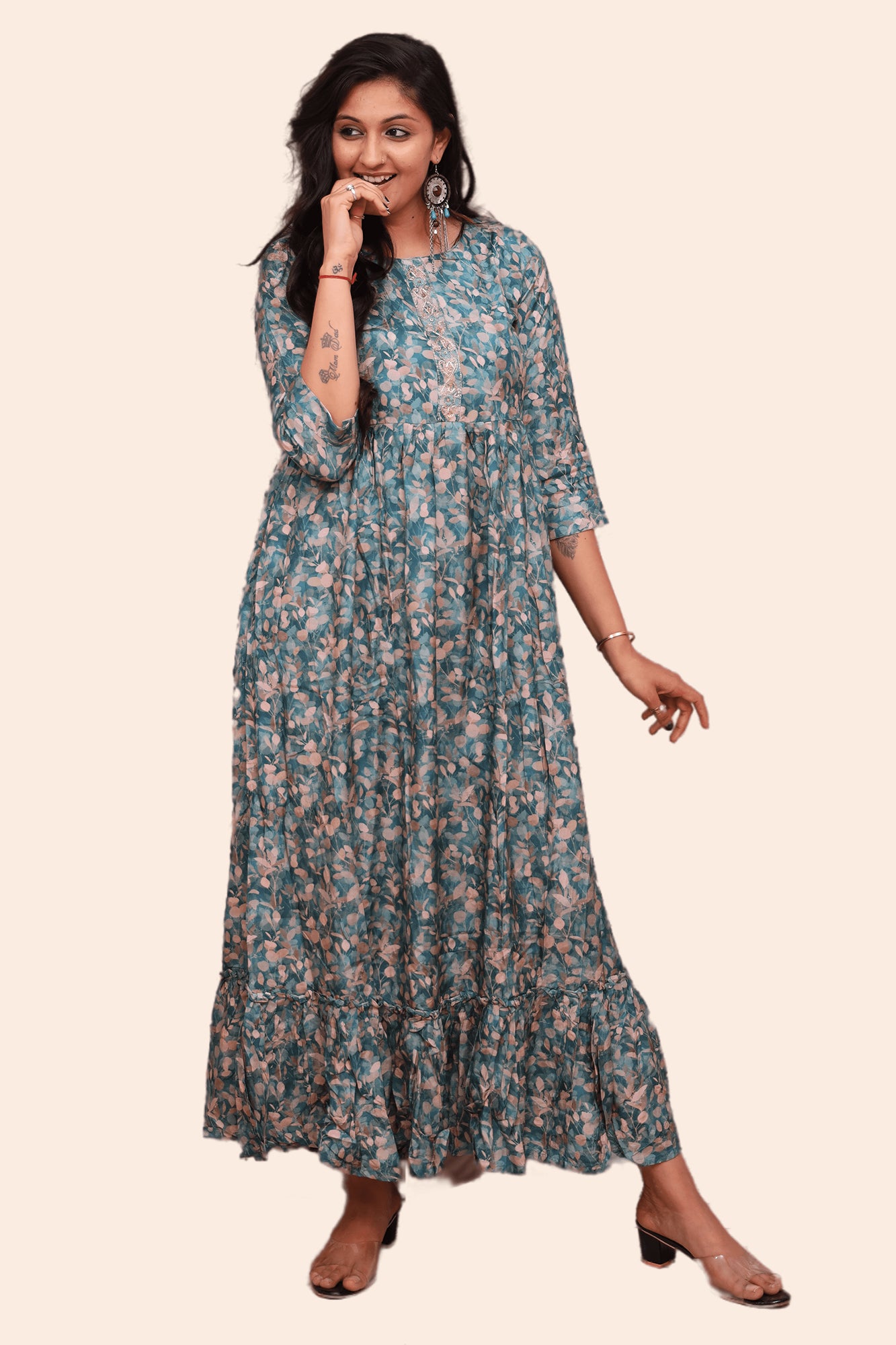 Urban Mystic Green Floral Print Maxi  Dress