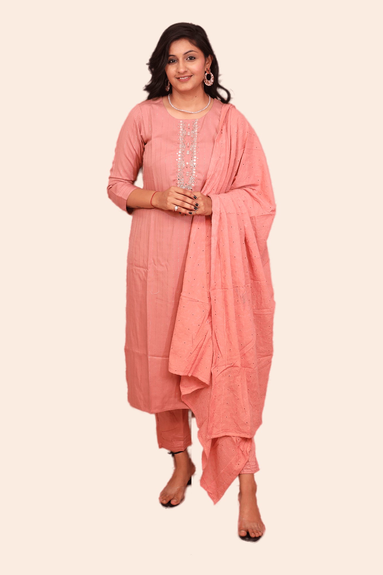 Urban Mystic Peach Embroidered  Kurta Pant Set With Dupatta