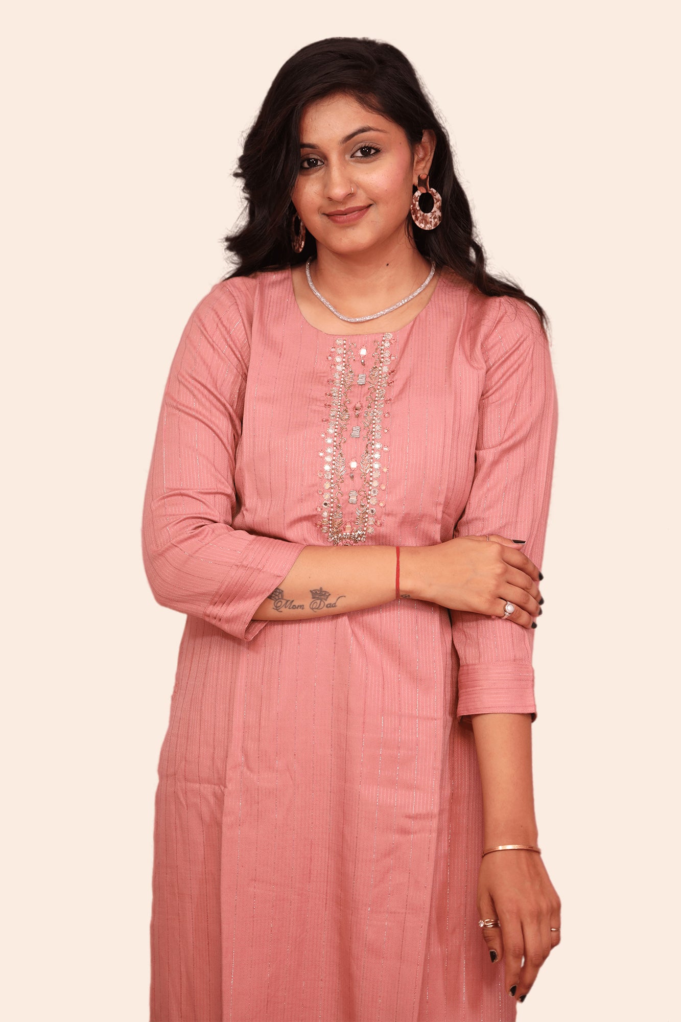 Urban Mystic Peach Embroidered  Kurta Pant Set With Dupatta