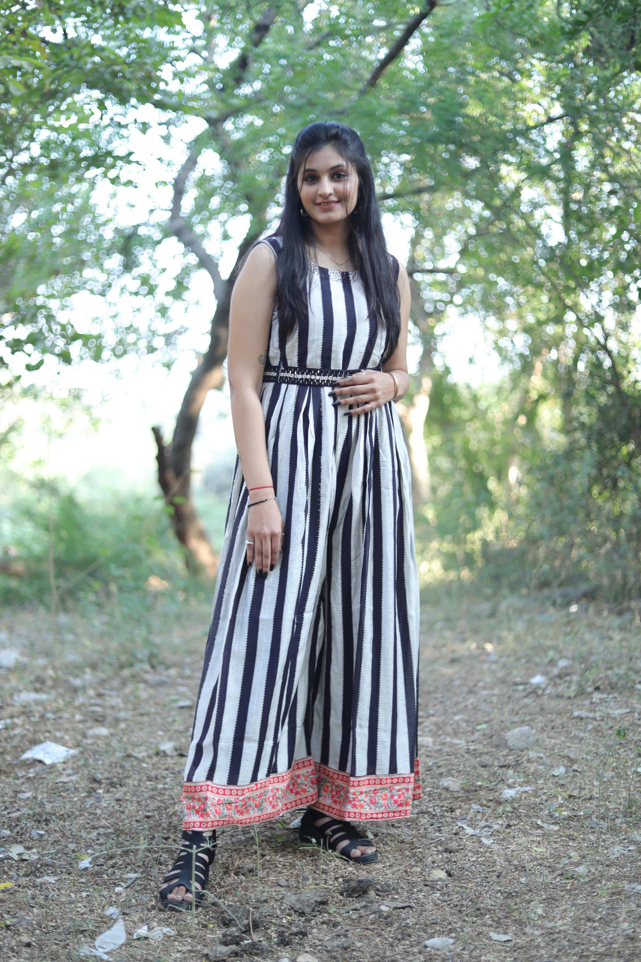 Urban Mystic White And Black Stripes Jumpsuit