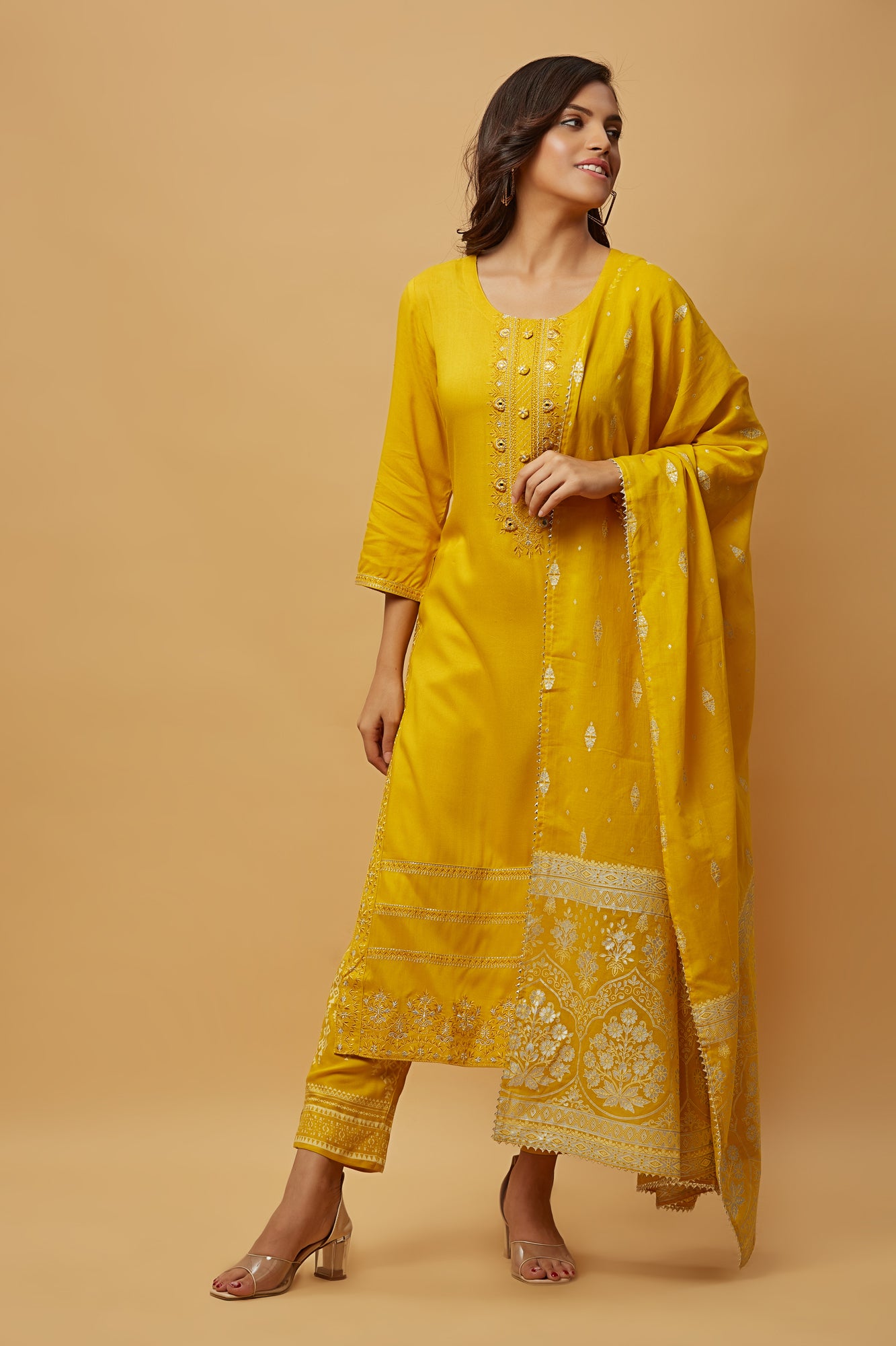 Urban Mystic Rayon Yellow Kurta Pant Set With Dupatta