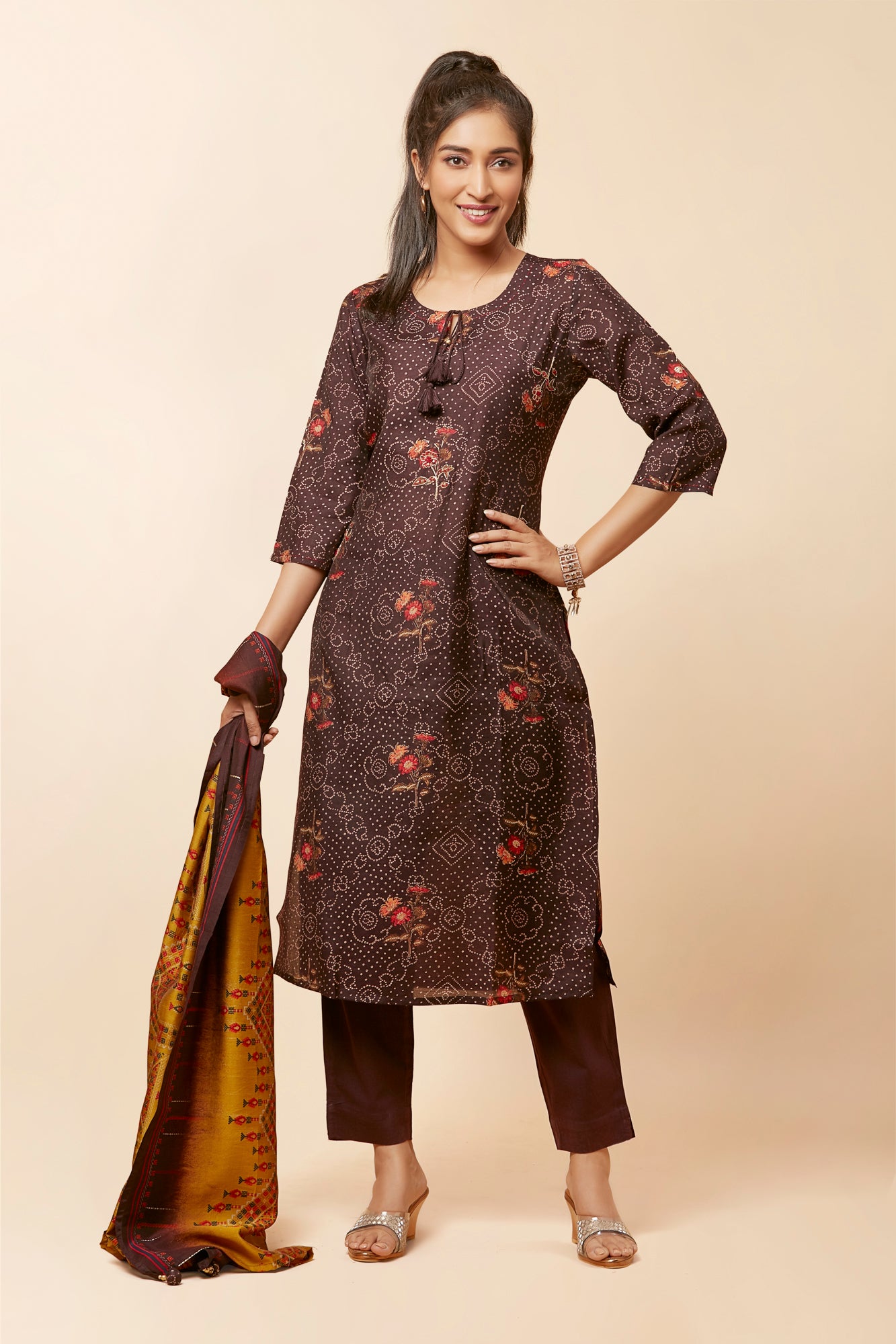 Urban Mystic Bandhani Print Floral Kurta Set With Light Embroidery