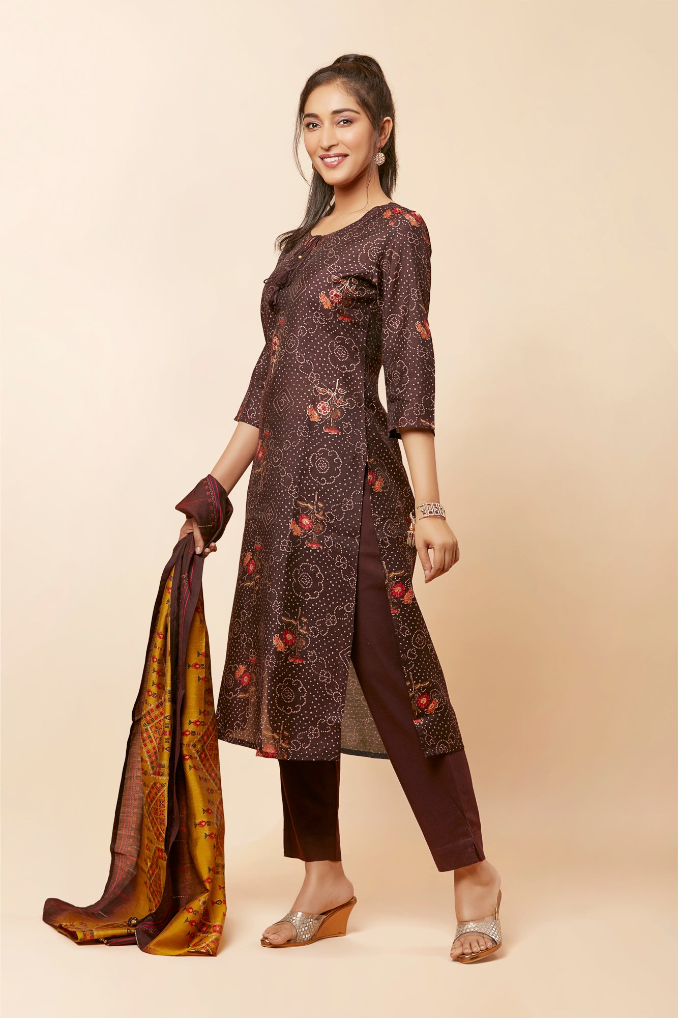 Urban Mystic Bandhani Print Floral Kurta Set With Light Embroidery