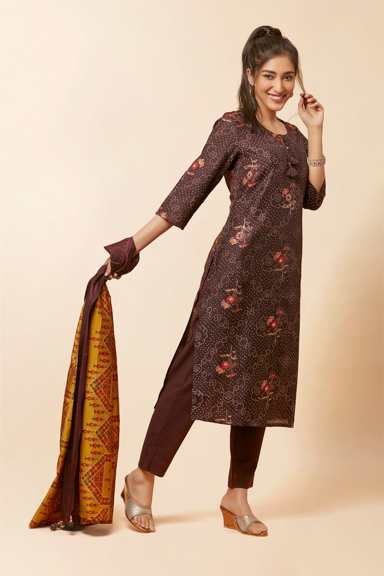 Urban Mystic Bandhani Print Floral Kurta Set With Light Embroidery