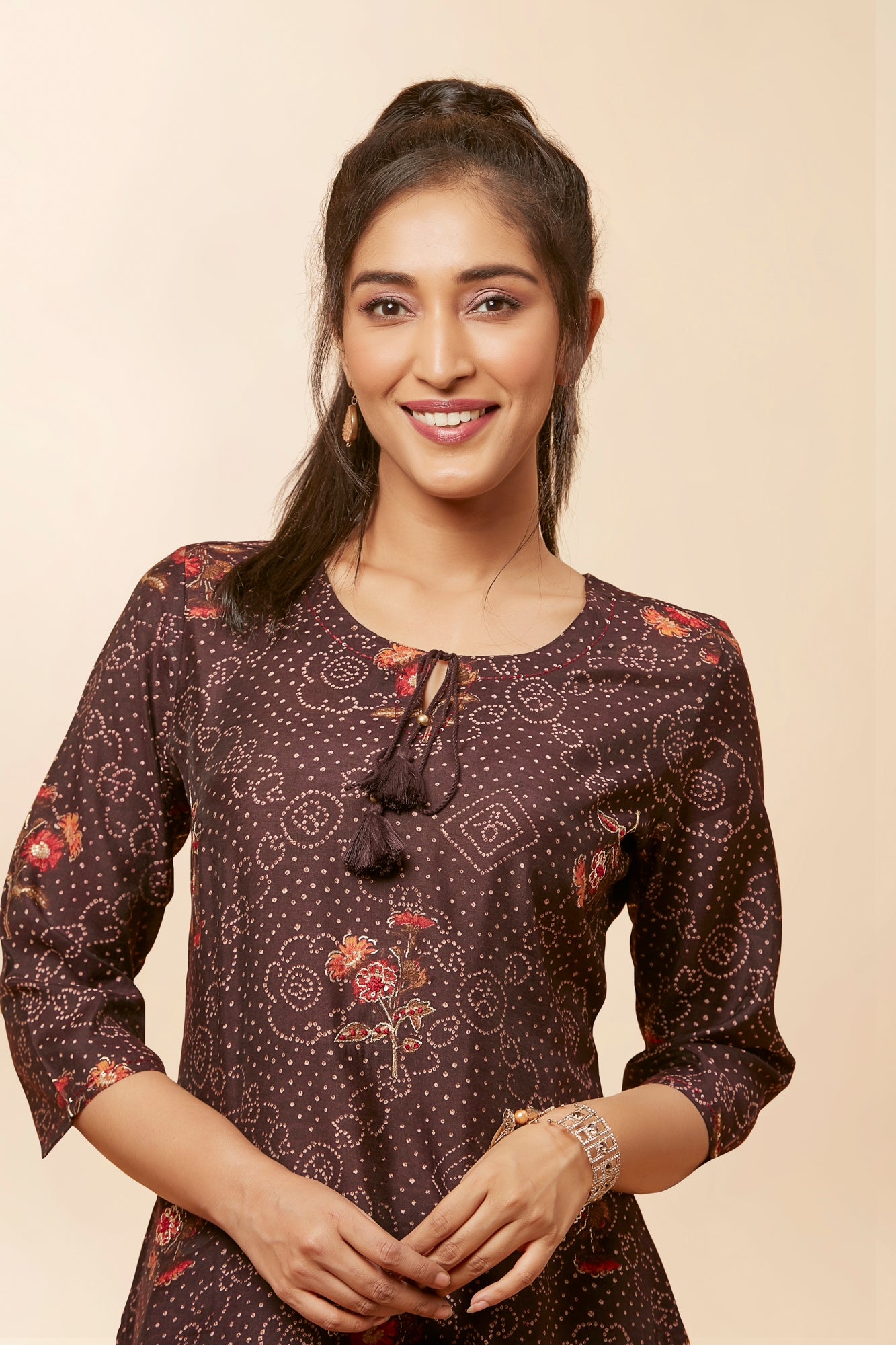 Urban Mystic Bandhani Print Floral Kurta Set With Light Embroidery