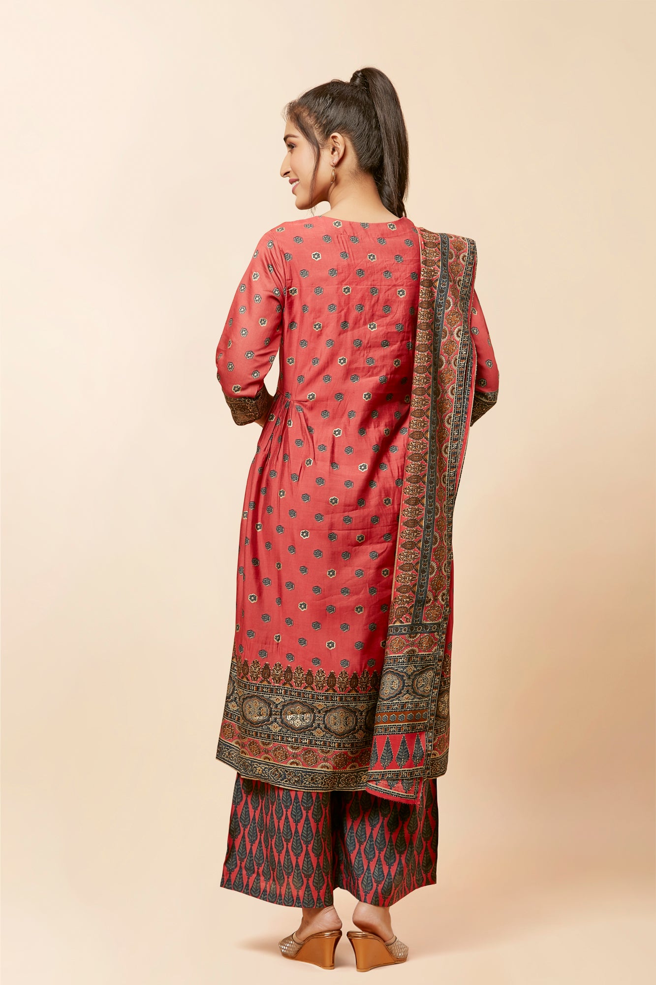 Urban Mystic Peach Pleated Side Cut Kurta Set With Dupatta