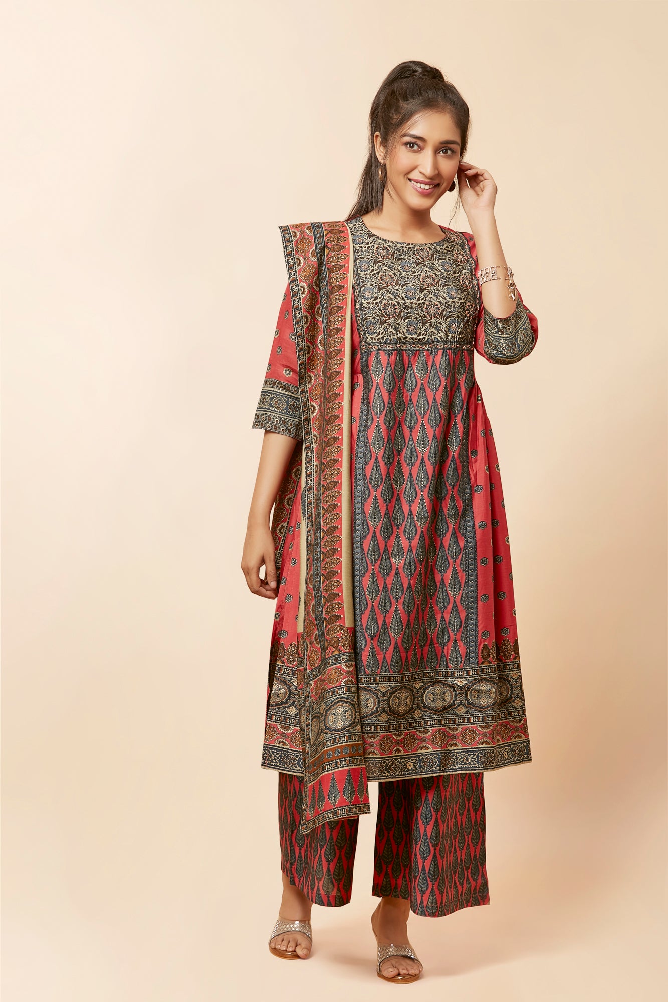 Urban Mystic Peach Pleated Side Cut Kurta Set With Dupatta