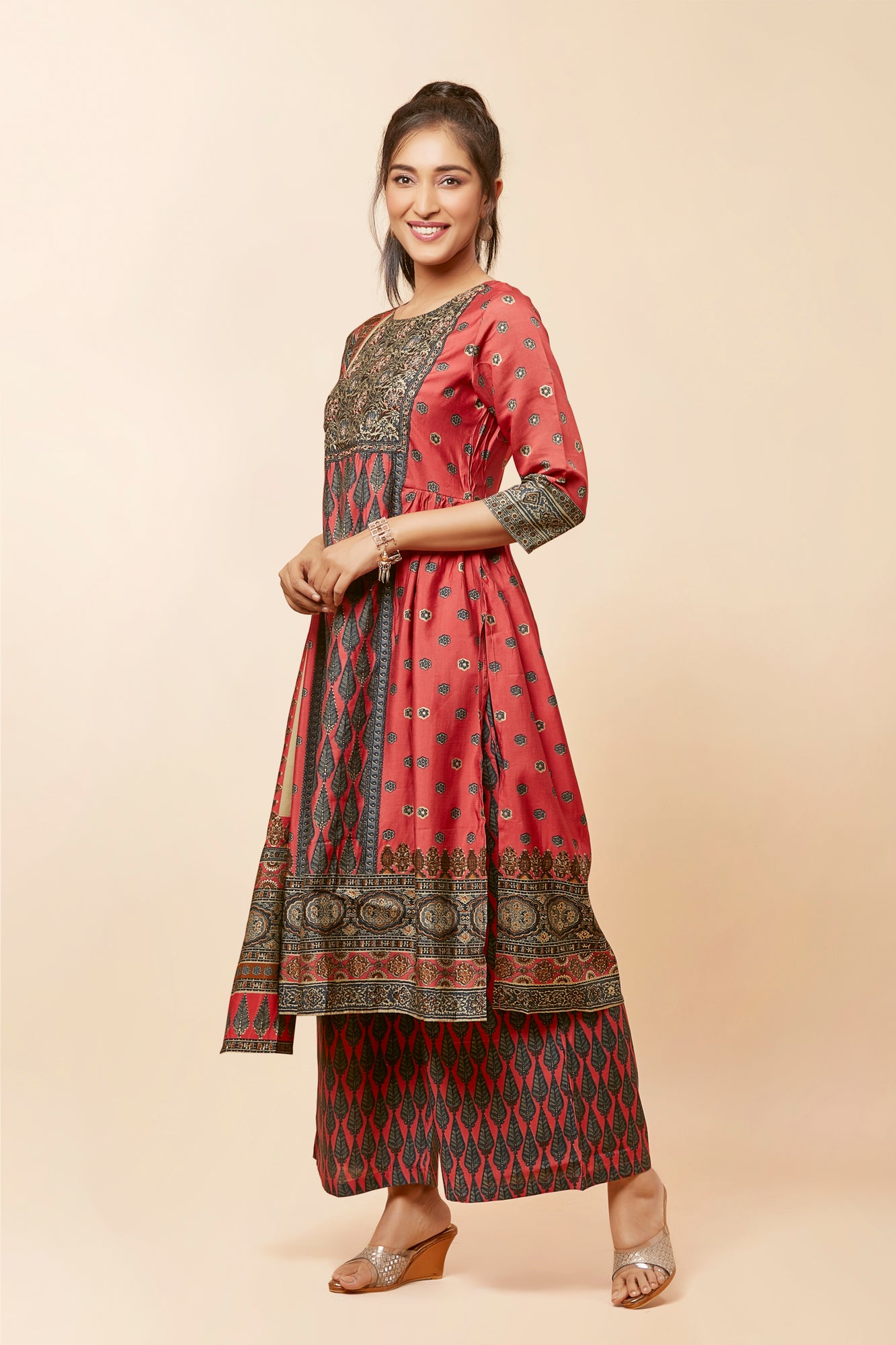 Urban Mystic Peach Pleated Side Cut Kurta Set With Dupatta