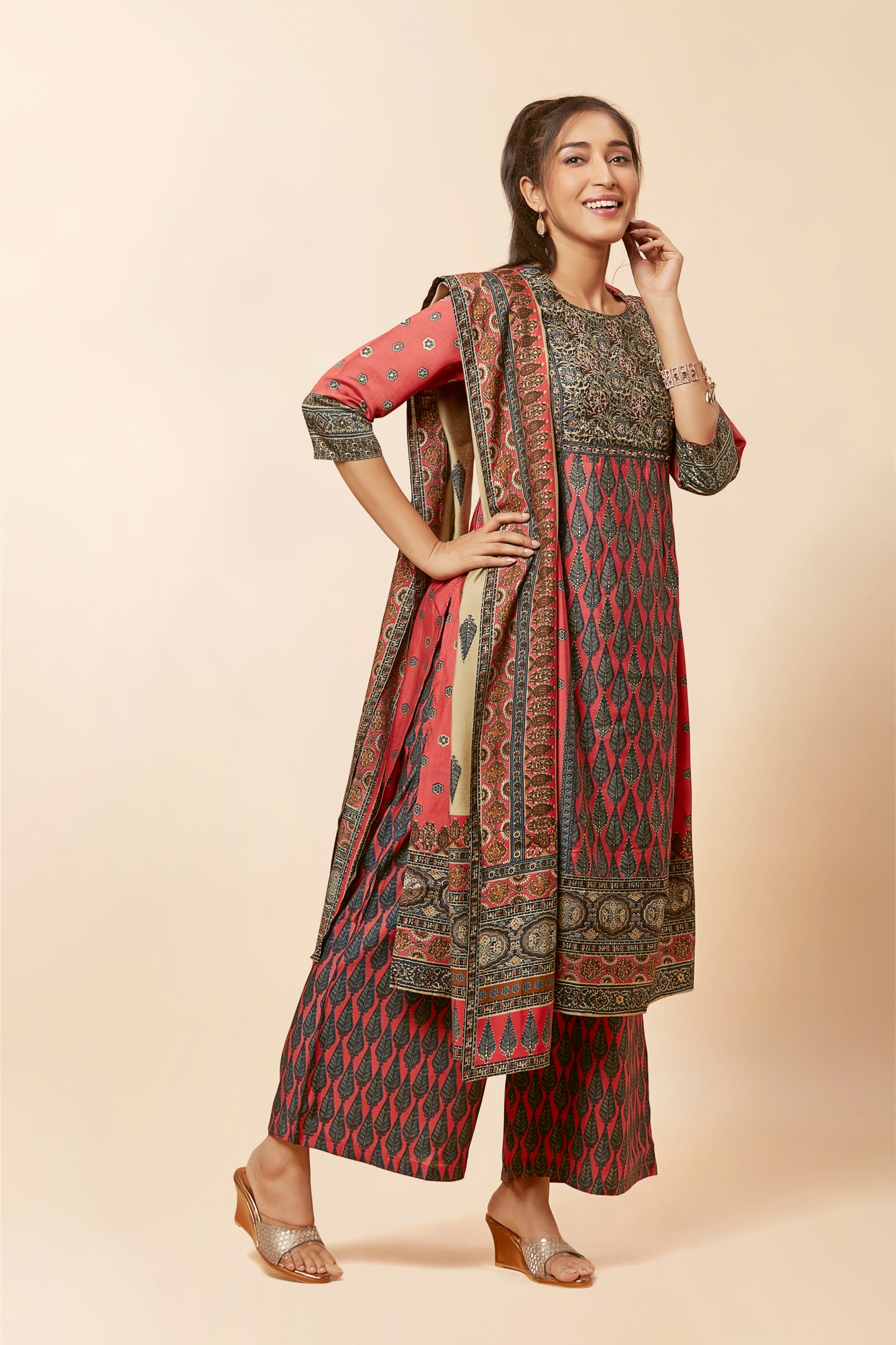 Urban Mystic Peach Pleated Side Cut Kurta Set With Dupatta