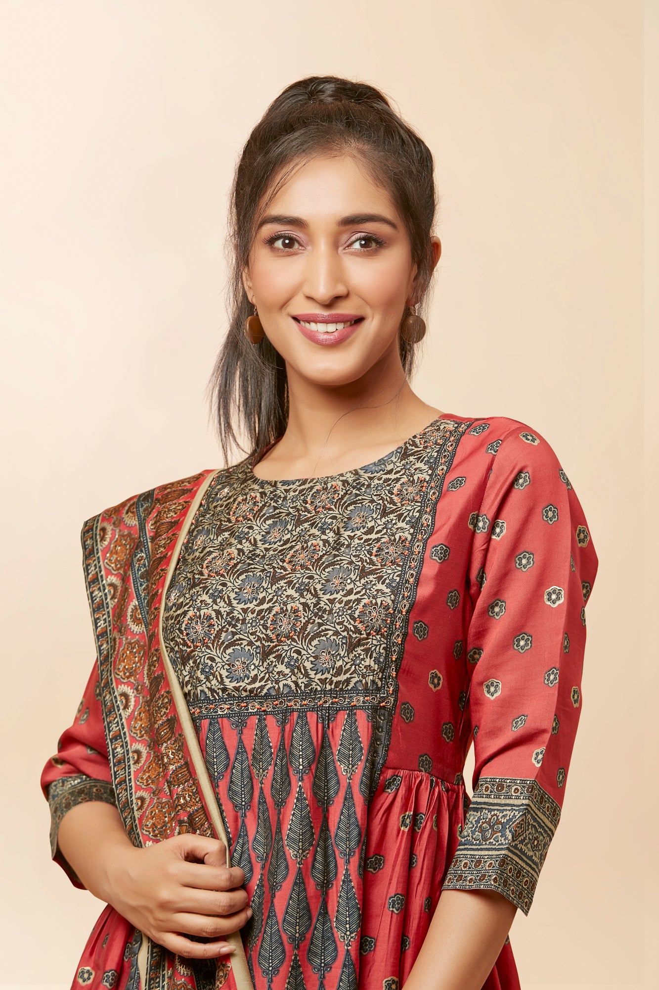 Urban Mystic Peach Pleated Side Cut Kurta Set With Dupatta