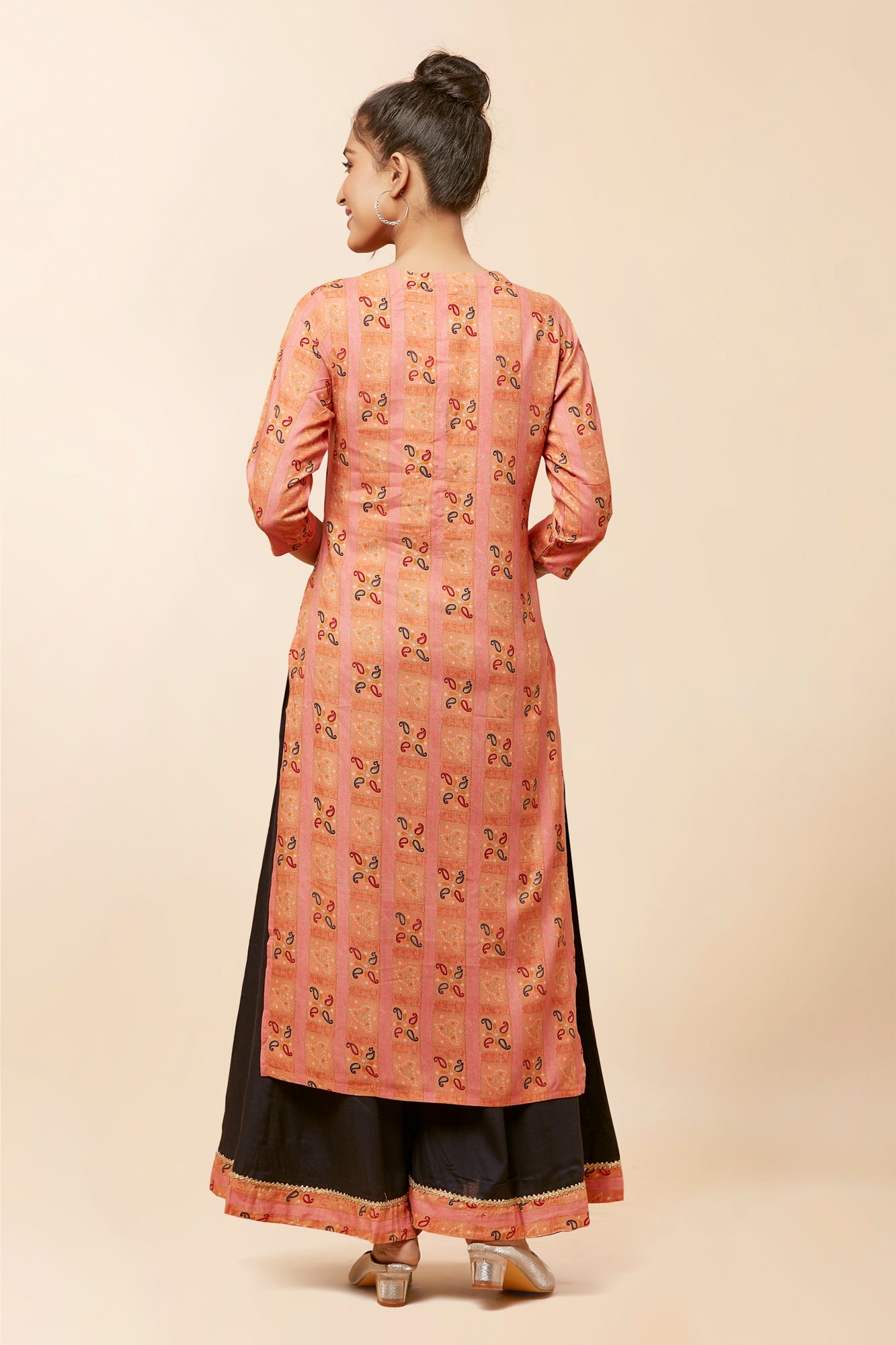 Urban Mystic Peach Colored Printed Kurta Set With Flared Plazo