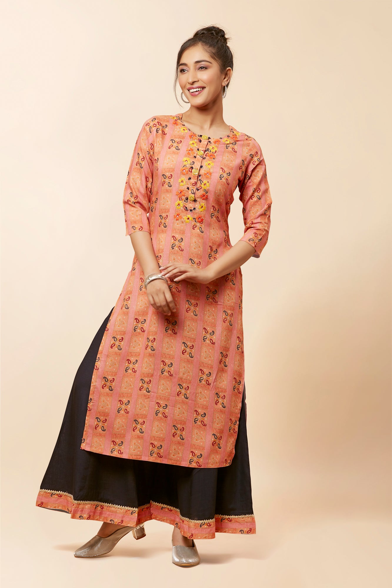 Urban Mystic Peach Colored Printed Kurta Set With Flared Plazo