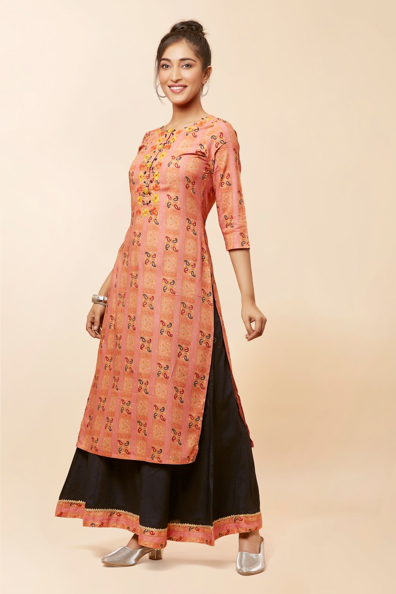 Urban Mystic Peach Colored Printed Kurta Set With Flared Plazo