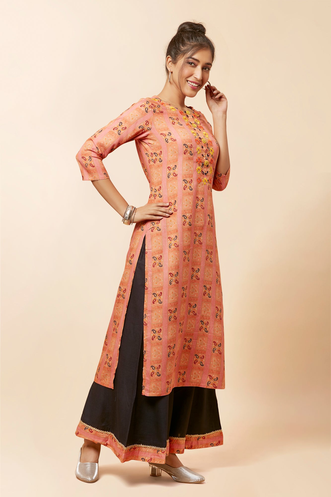 Urban Mystic Peach Colored Printed Kurta Set With Flared Plazo