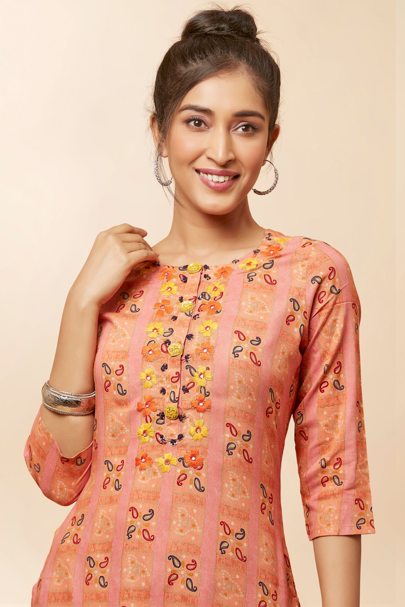 Urban Mystic Peach Colored Printed Kurta Set With Flared Plazo