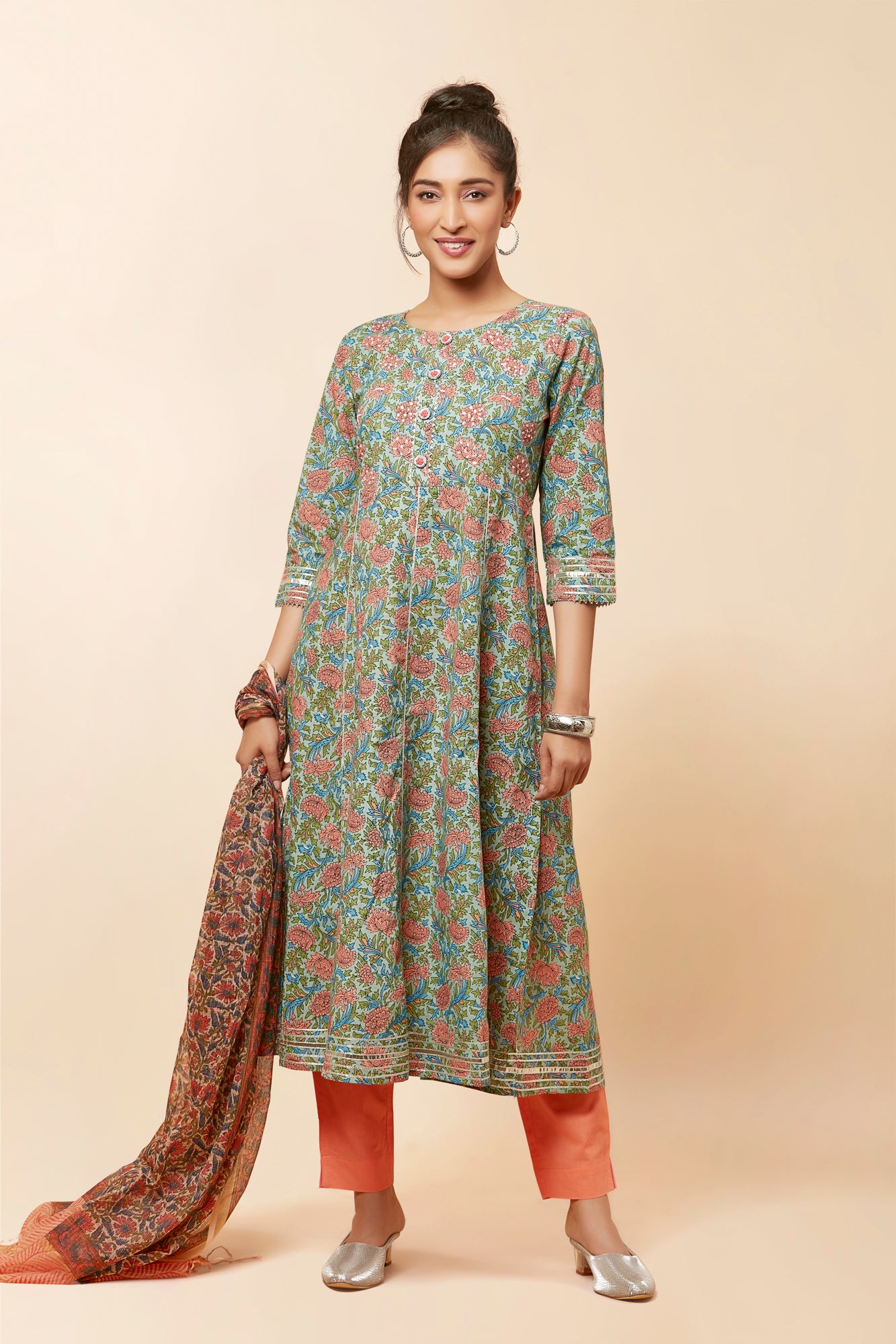 Urban Mystic Green Floral Print Flared Style Kurta Set