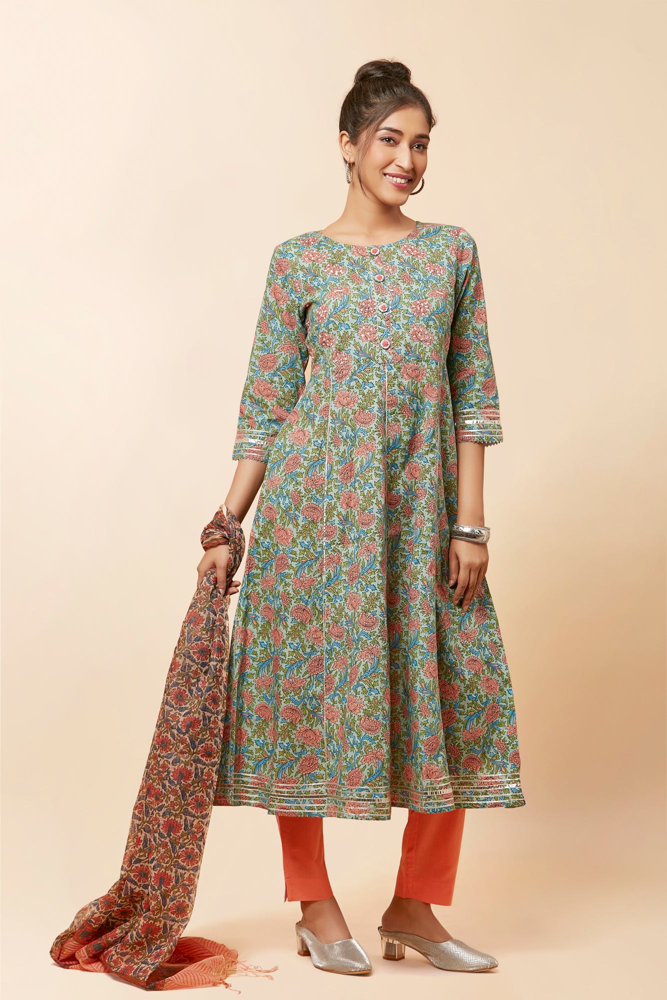 Urban Mystic Green Floral Print Flared Style Kurta Set