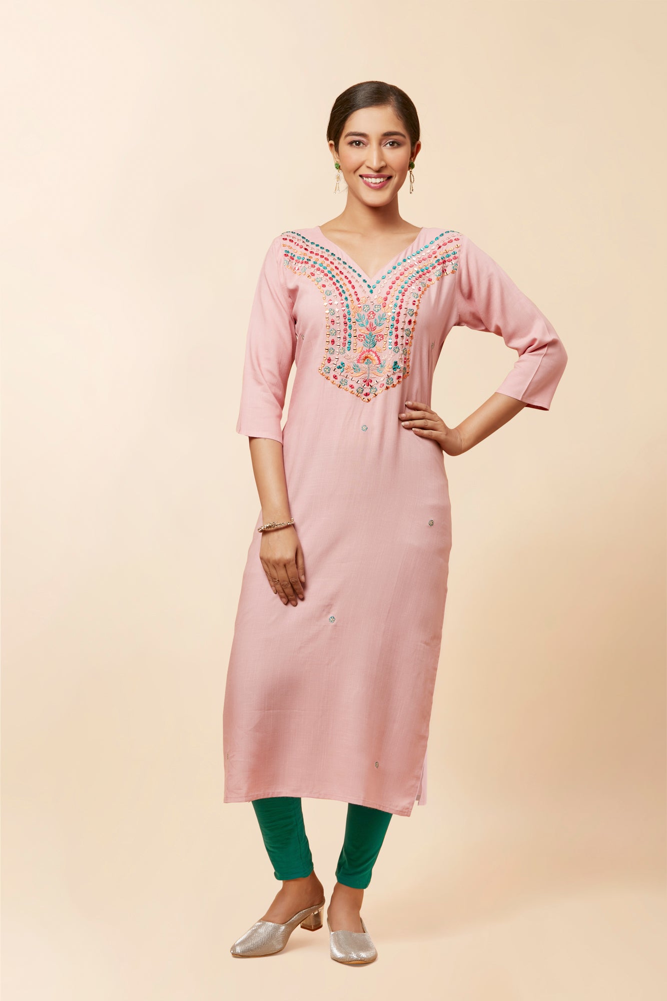 Urban Mystic Light Pink Rayon Fabric Mirror Work Kurta