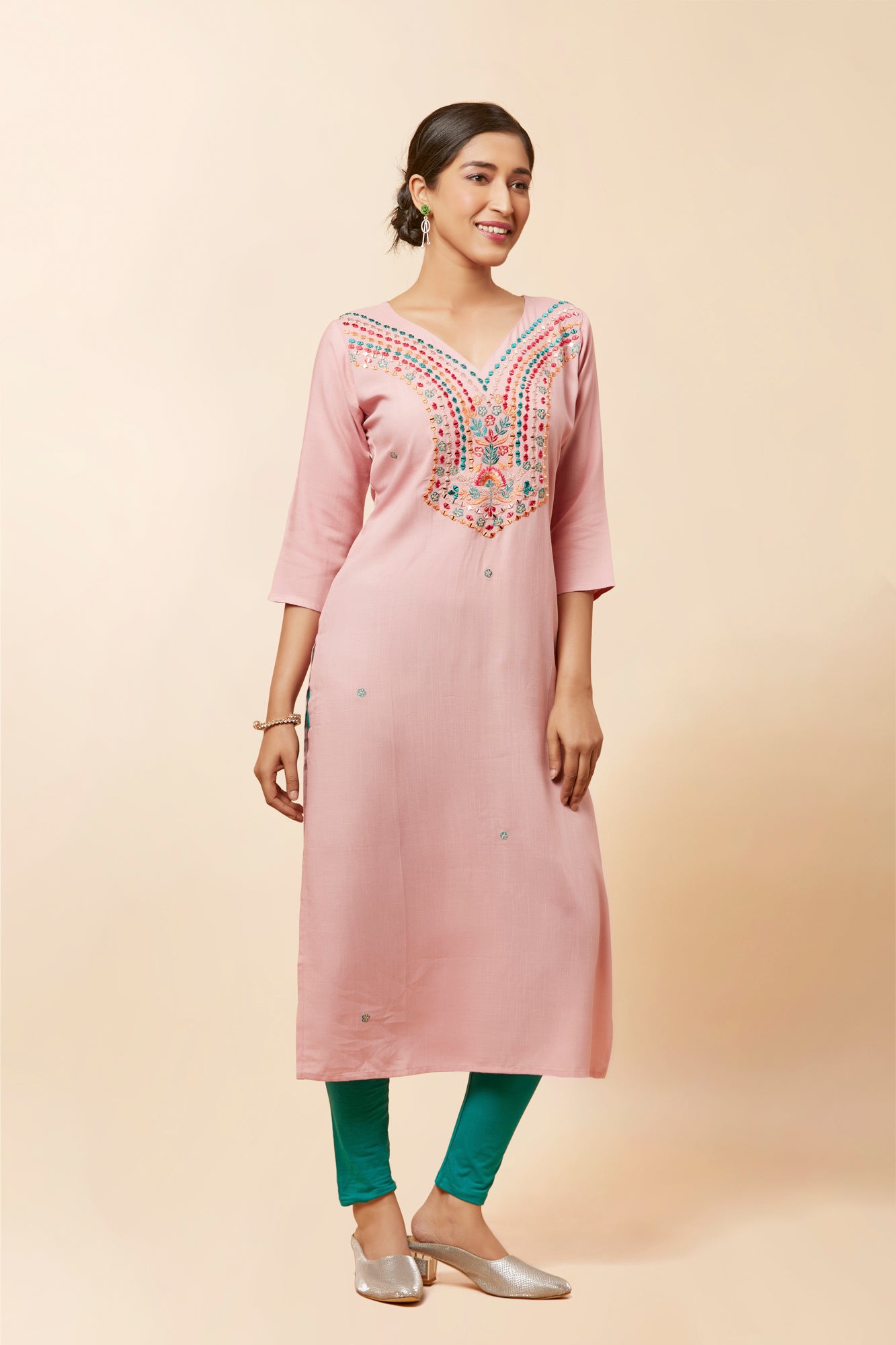 Urban Mystic Light Pink Rayon Fabric Mirror Work Kurta