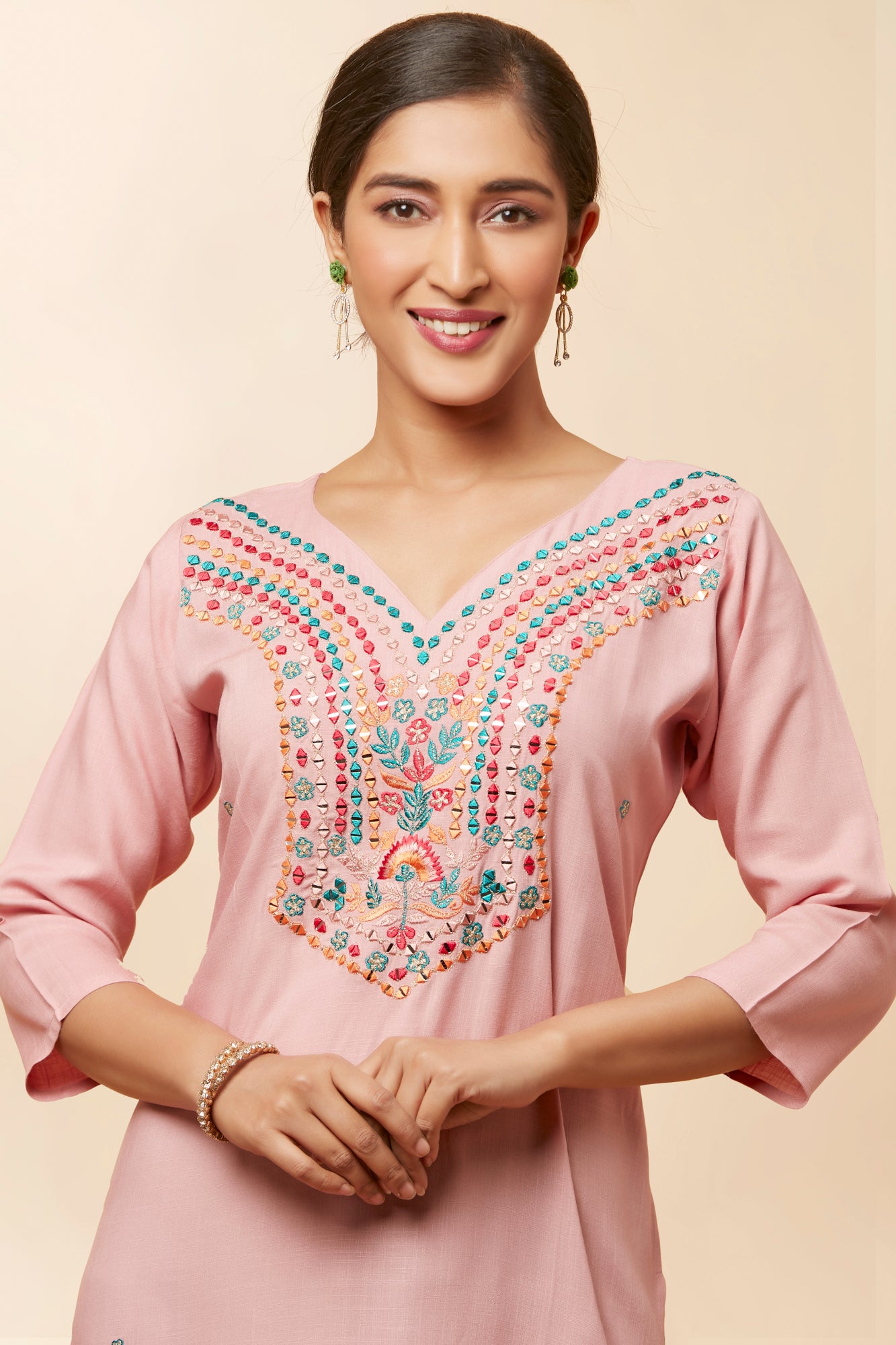 Urban Mystic Light Pink Rayon Fabric Mirror Work Kurta