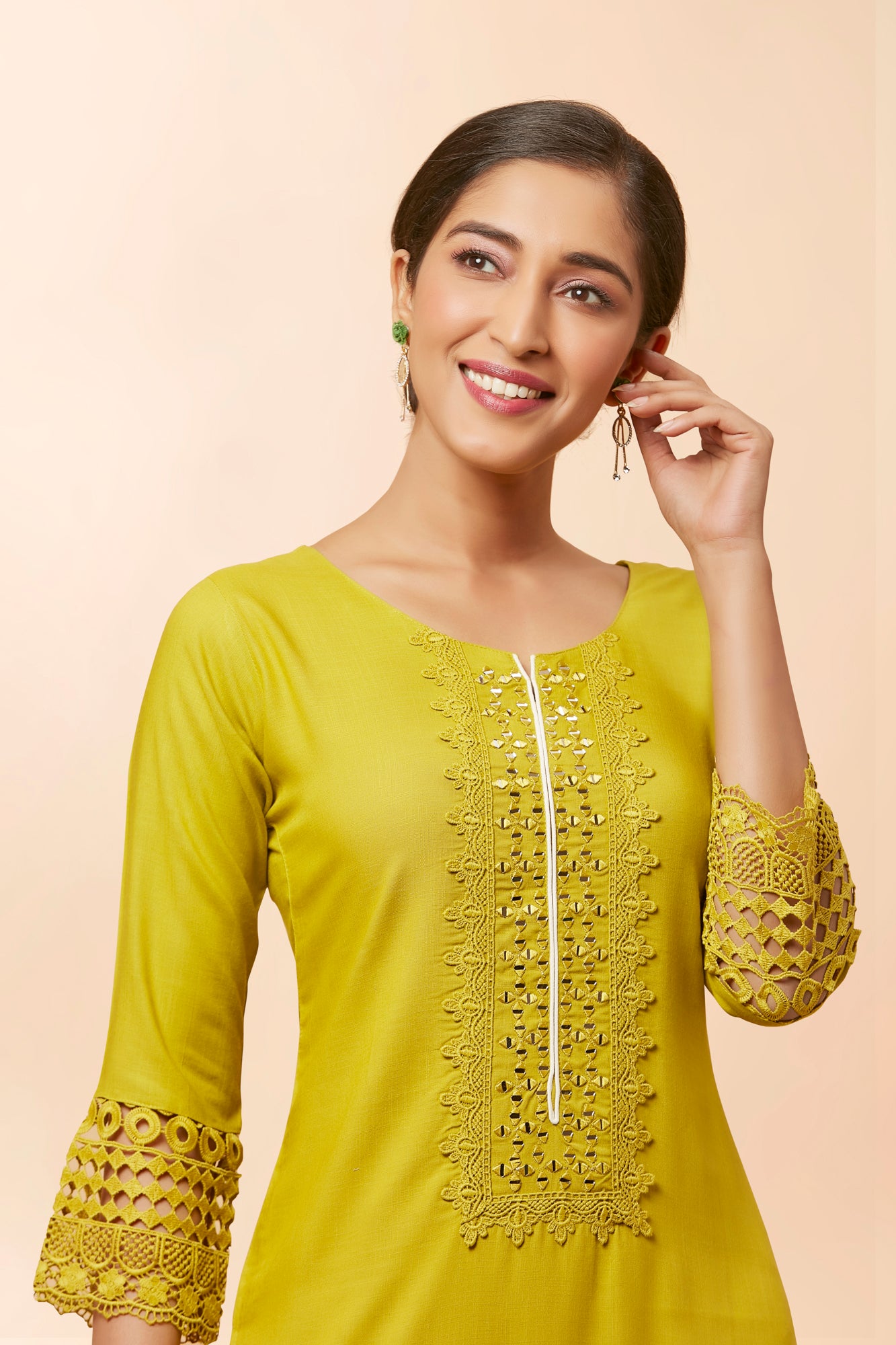 Urban Mystic Mustered Colored Mirror Work Kurta Set
