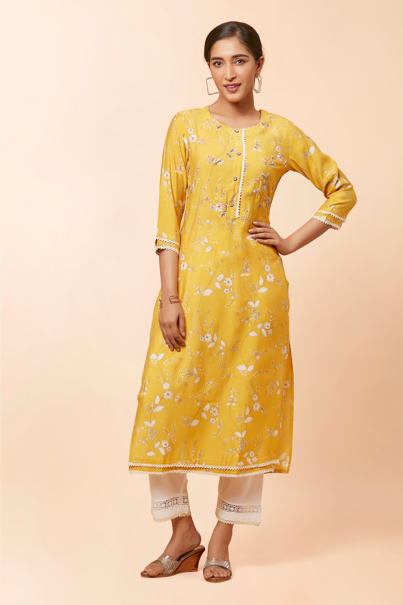 Urban Mystic Yellow Colored Embroidered Party Wear Kurta Set