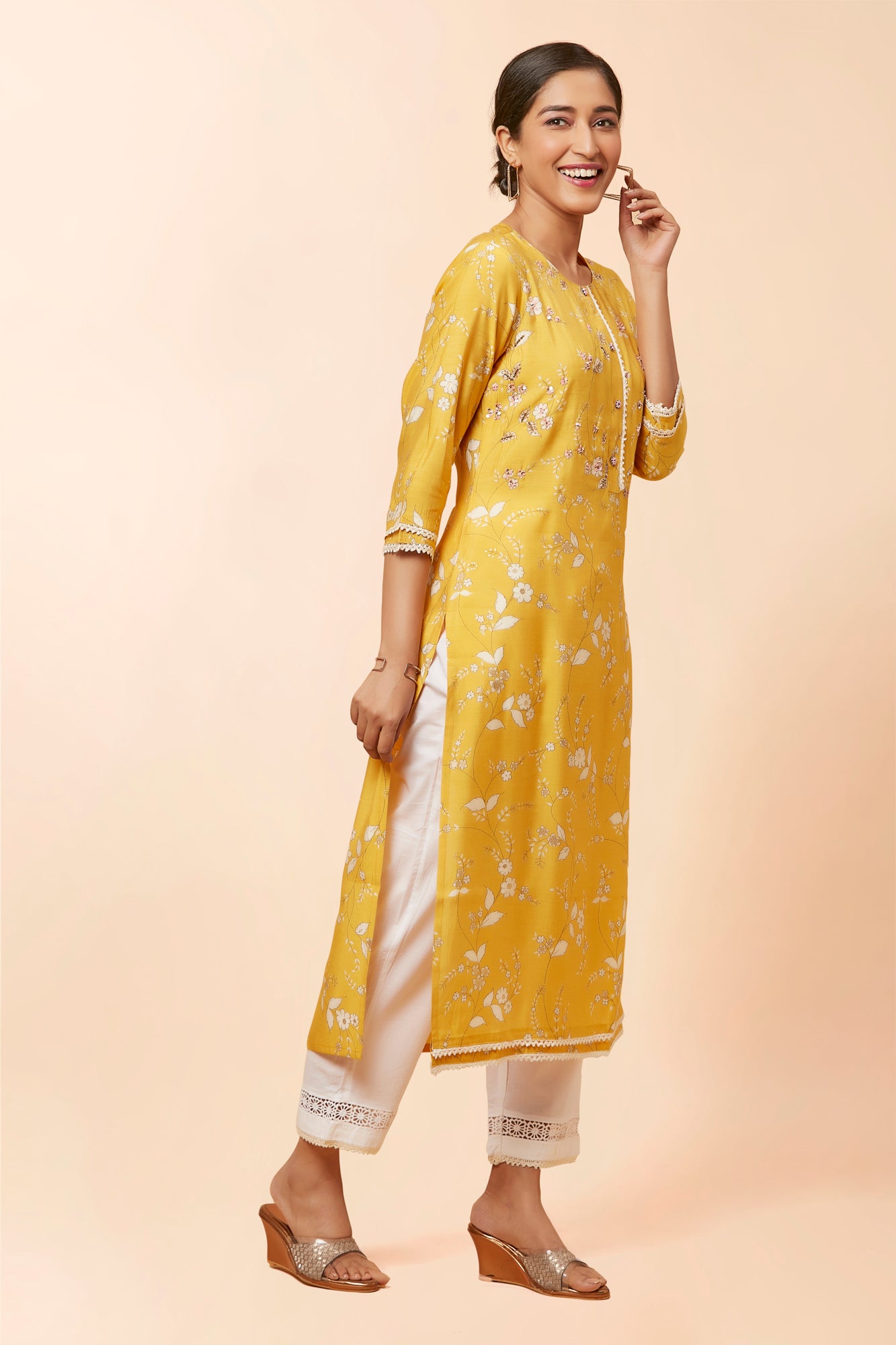 Urban Mystic Yellow Colored Embroidered Party Wear Kurta Set