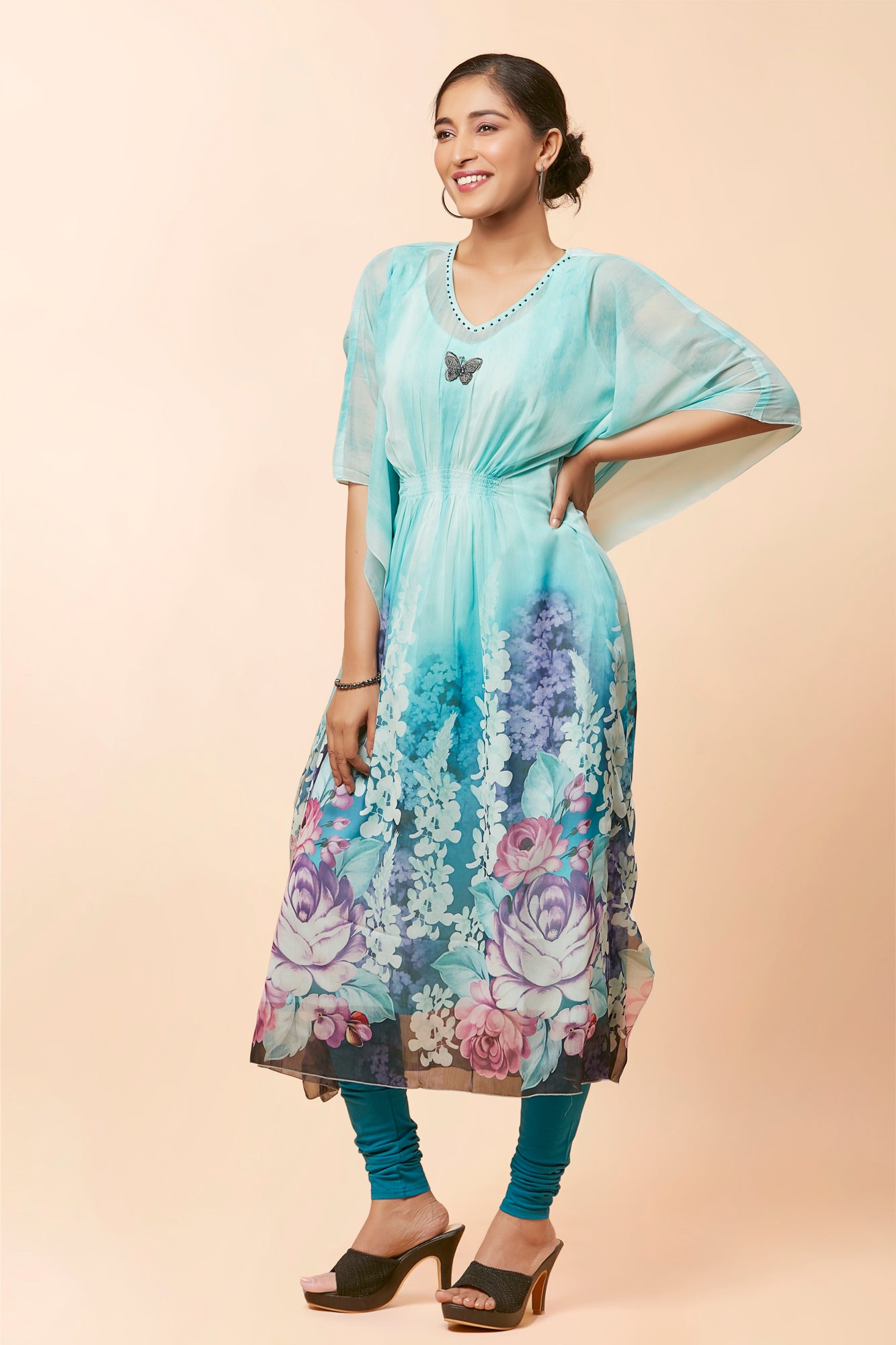 Urban Mystic Sky Blue Floral Printed Kaftan