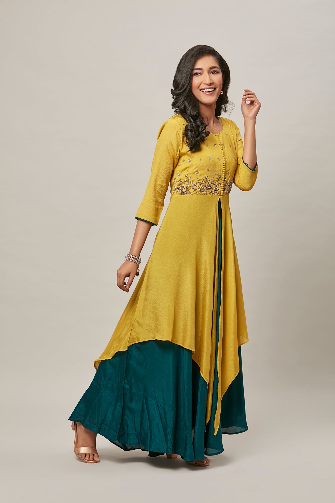 Urban Mystic Yellow Colored Double Layered Party Wear Embroidered Kurta