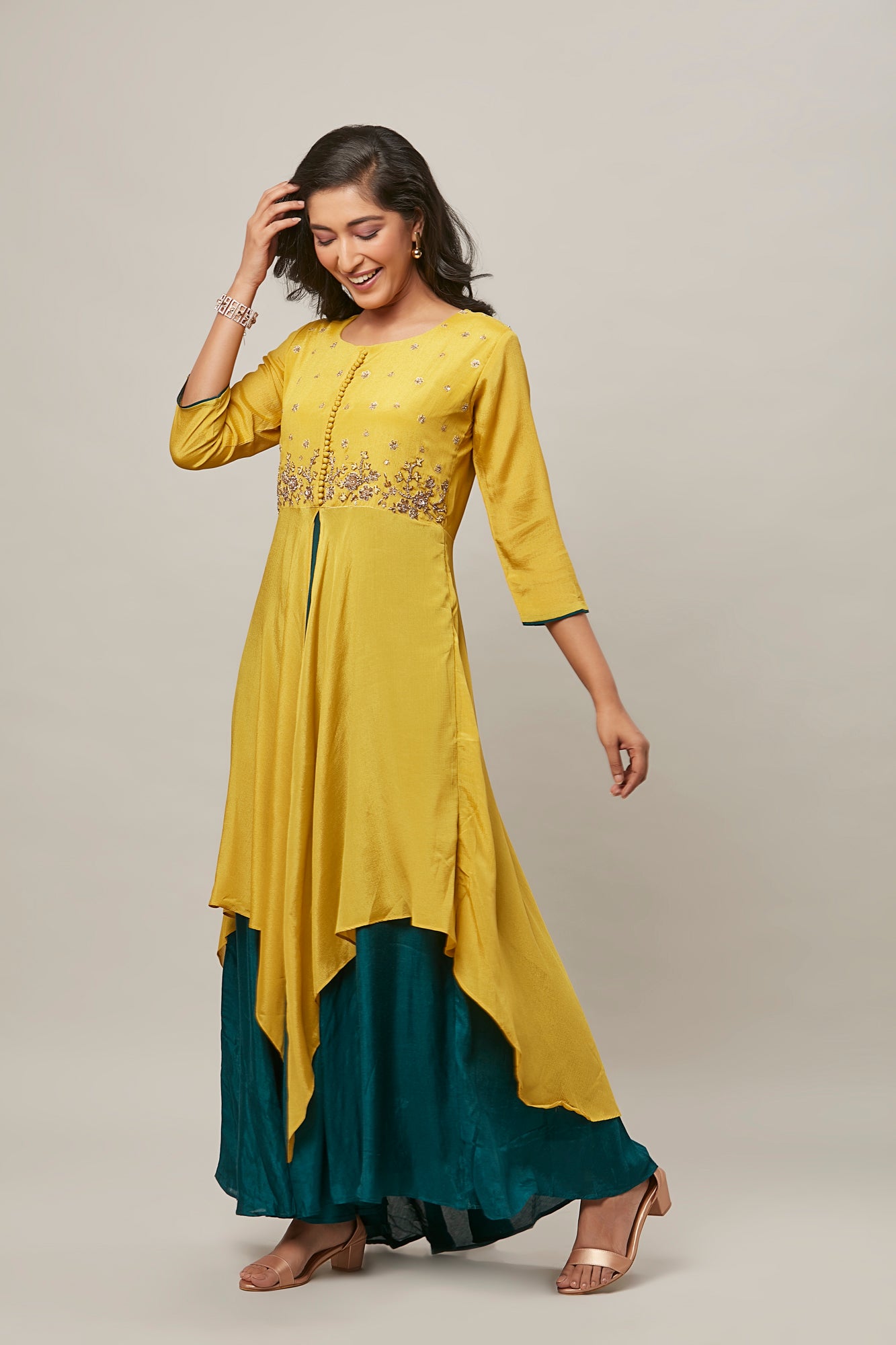 Urban Mystic Yellow Colored Double Layered Party Wear Embroidered Kurta