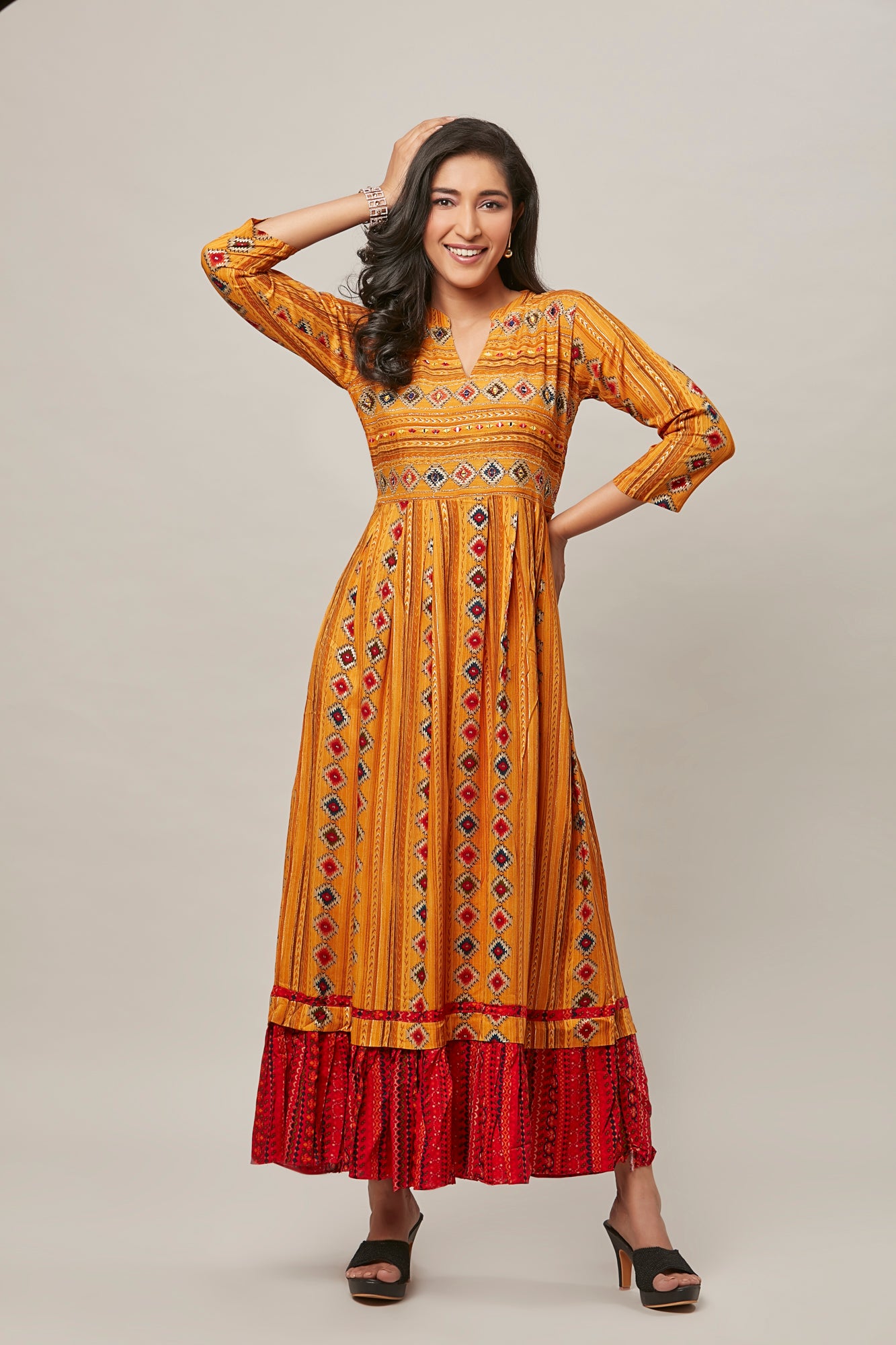 Urban Mystic Yellow Embroidered Printed Double Layered Kurta