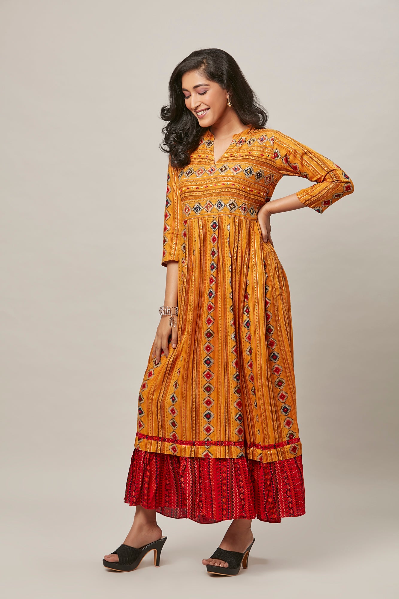 Urban Mystic Yellow Embroidered Printed Double Layered Kurta