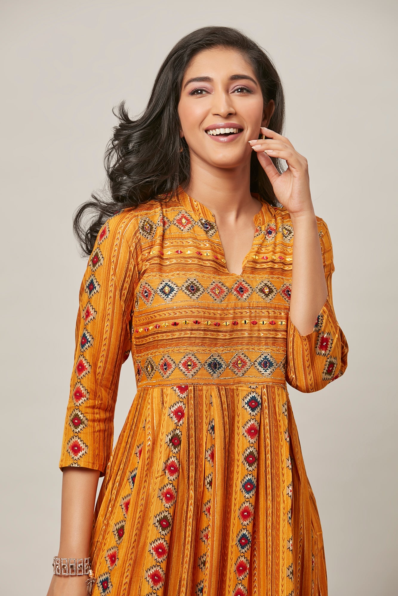 Urban Mystic Yellow Embroidered Printed Double Layered Kurta