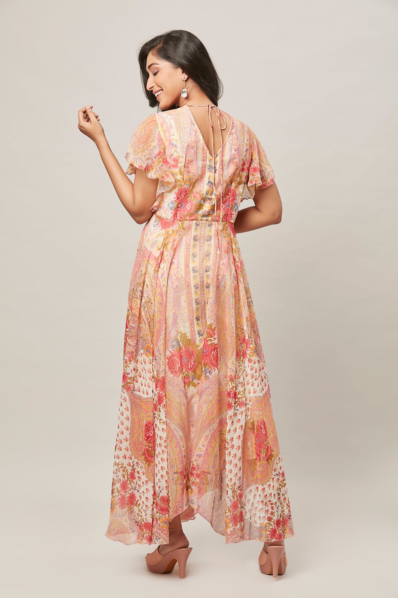 Urban Mystic Floral Print Long Dress In Chiffon