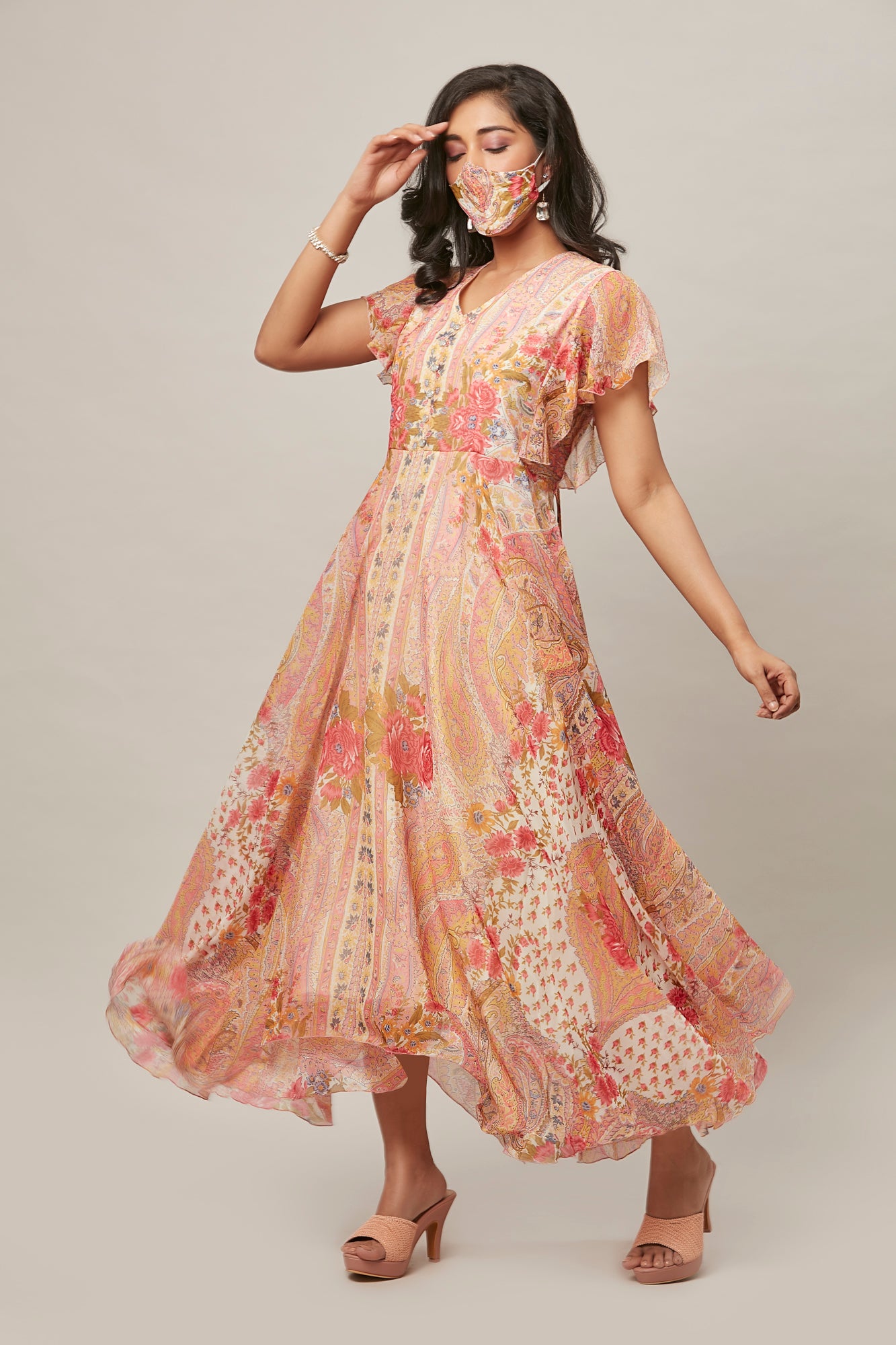 Urban Mystic Floral Print Long Dress In Chiffon