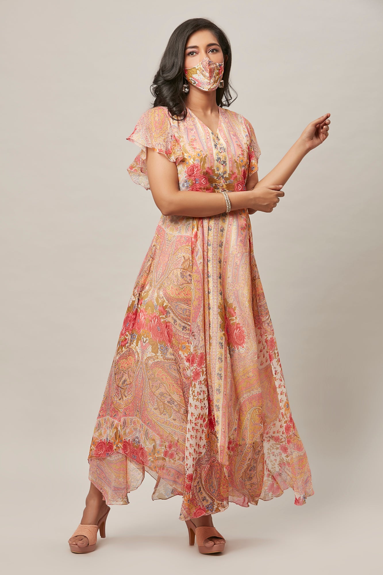 Urban Mystic Floral Print Long Dress In Chiffon