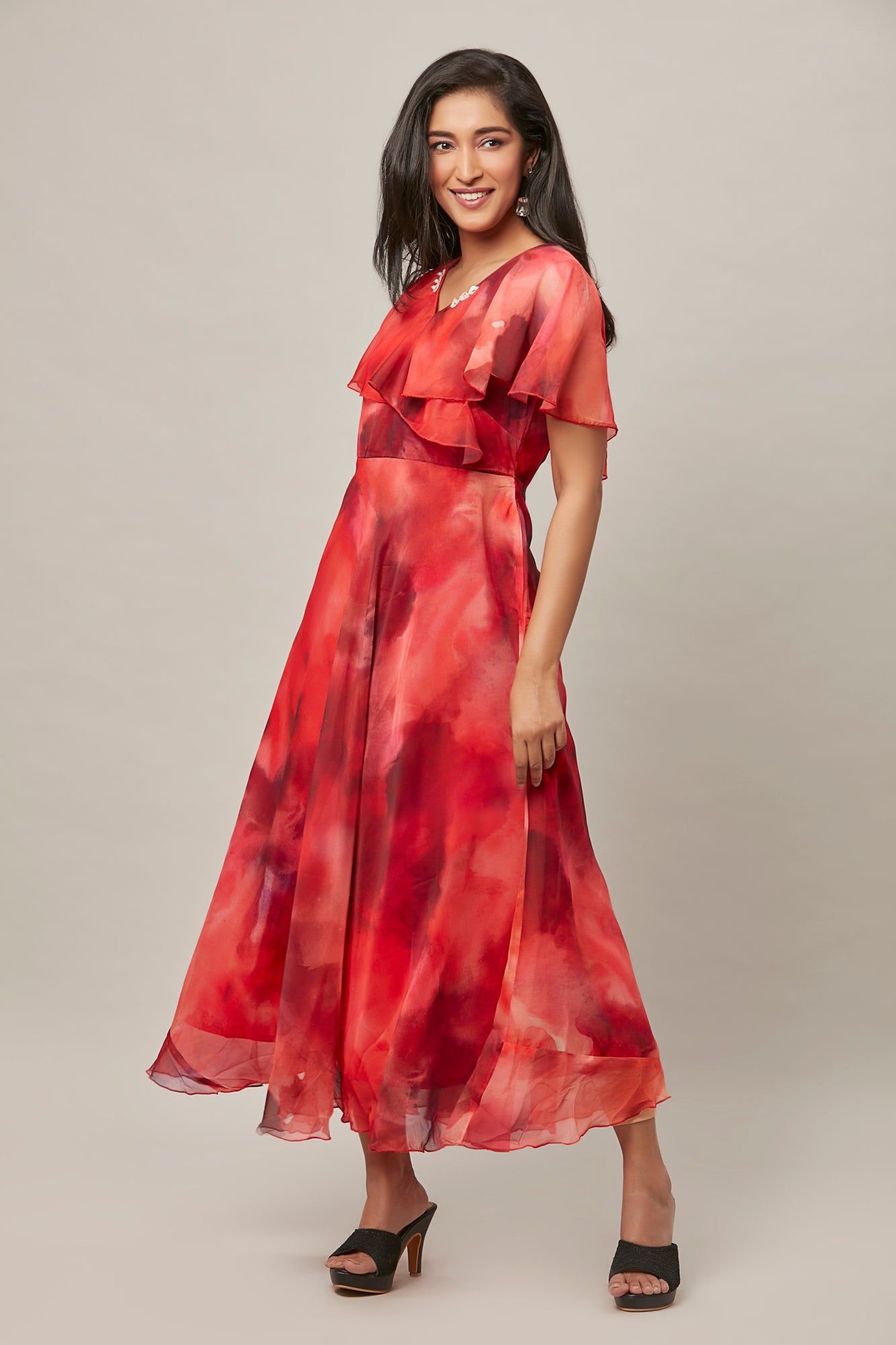Urban Mystic Blood Red Ombre Dress With Bell Sleeves