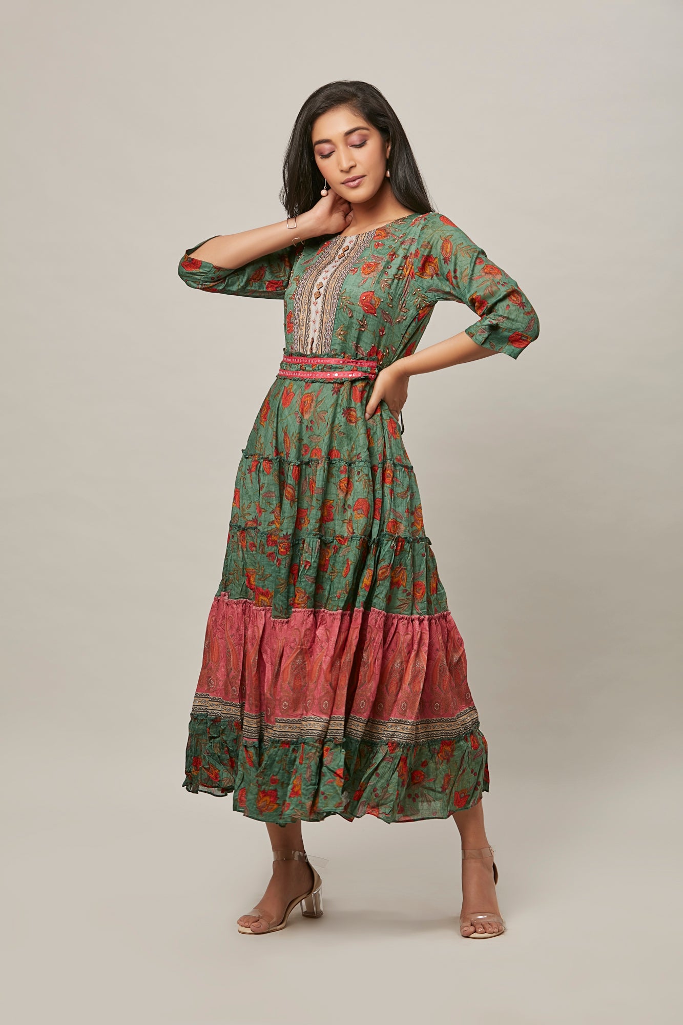 Urban Mystic Green Colored Flaired Dress Styled Kurta With Belt