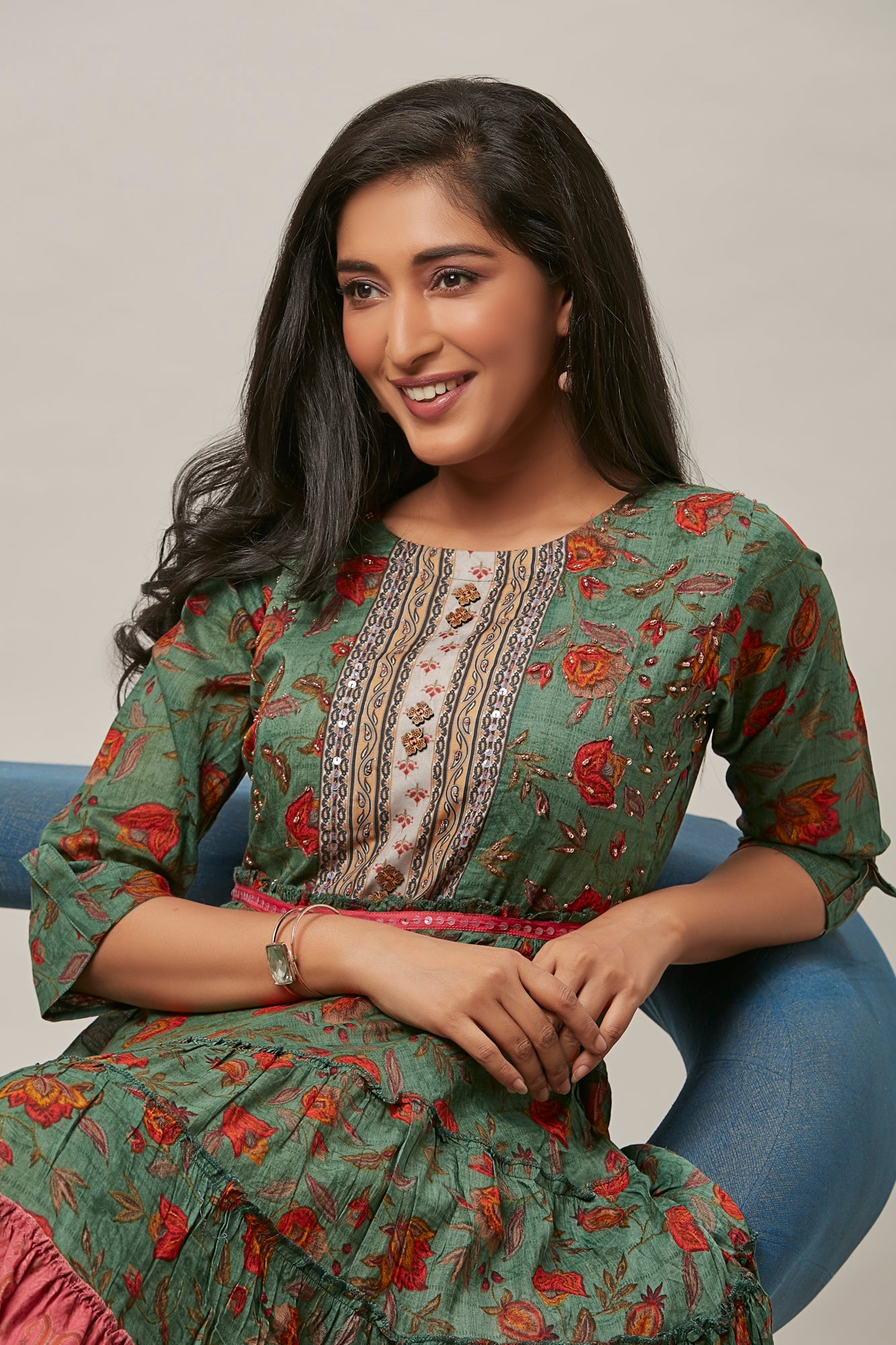 Urban Mystic Green Colored Flaired Dress Styled Kurta With Belt
