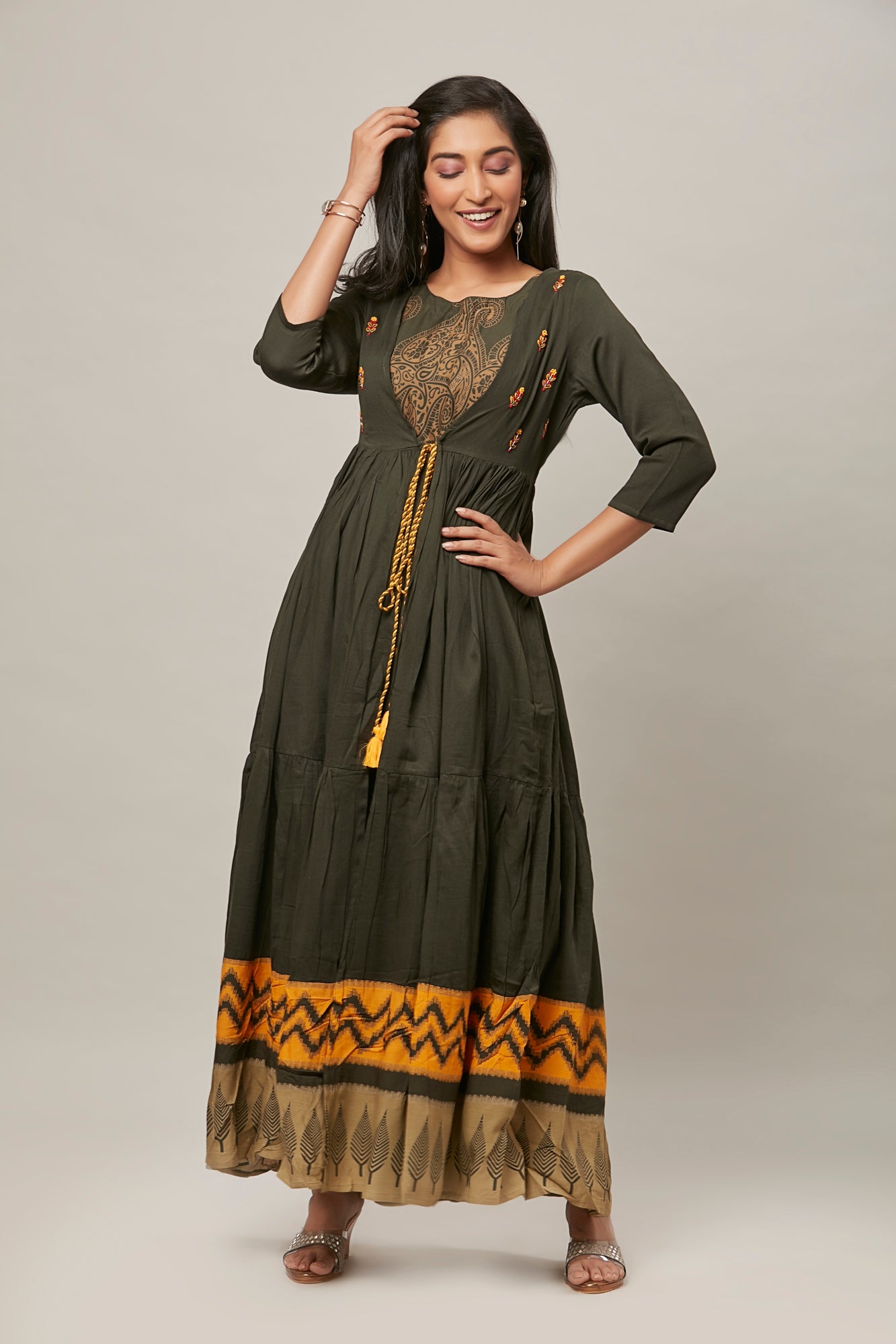Urban Mystic Jacket Styled Olive Long Flared Printed Kurta