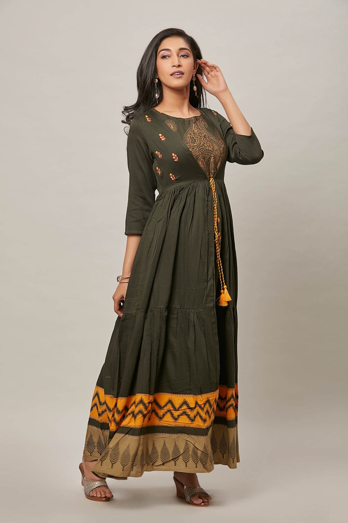 Urban Mystic Jacket Styled Olive Long Flared Printed Kurta