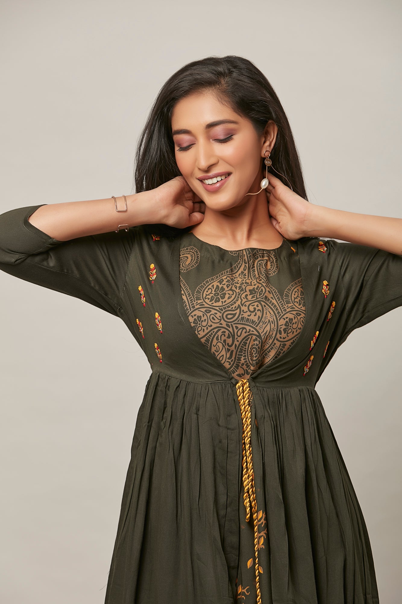 Urban Mystic Jacket Styled Olive Long Flared Printed Kurta