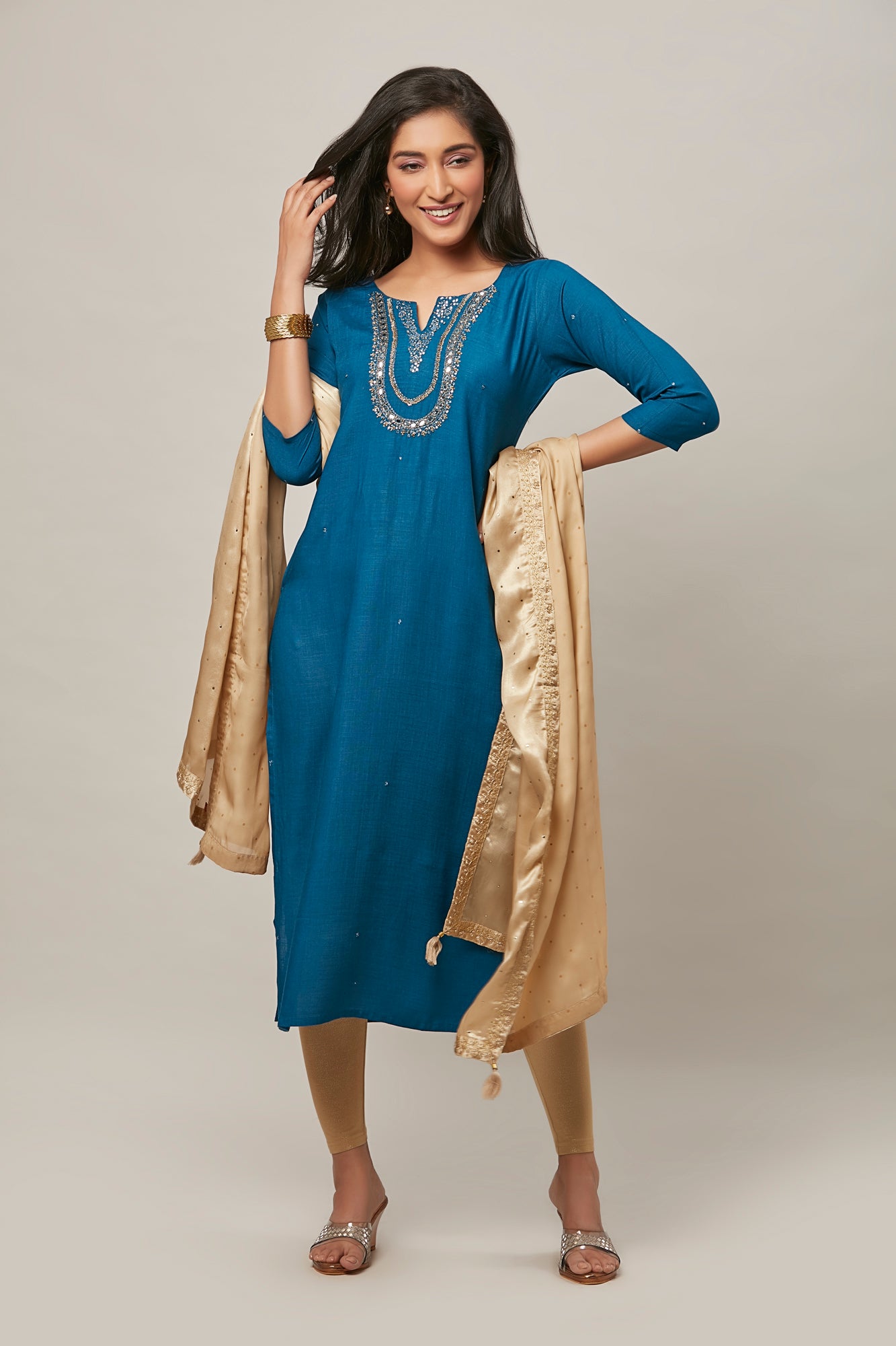 Urban Mystic Blue Colored  Straight Cut Embroidered Kurta