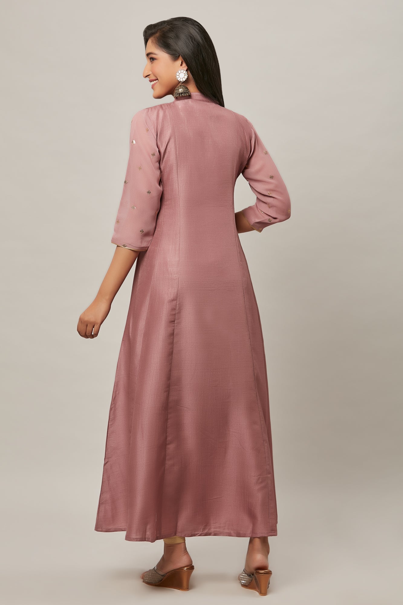 Urban Mystic Onion Colored Flared Long Kurta With Embroidery