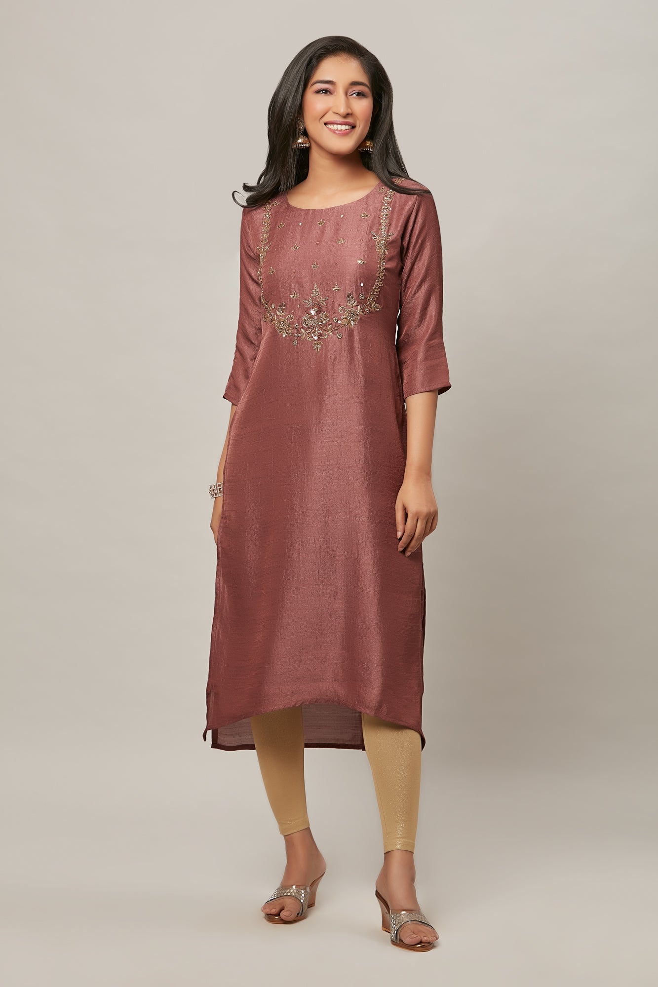 Urban Mystic Dark Peach Silk Straight Cut Embroidered Kurta