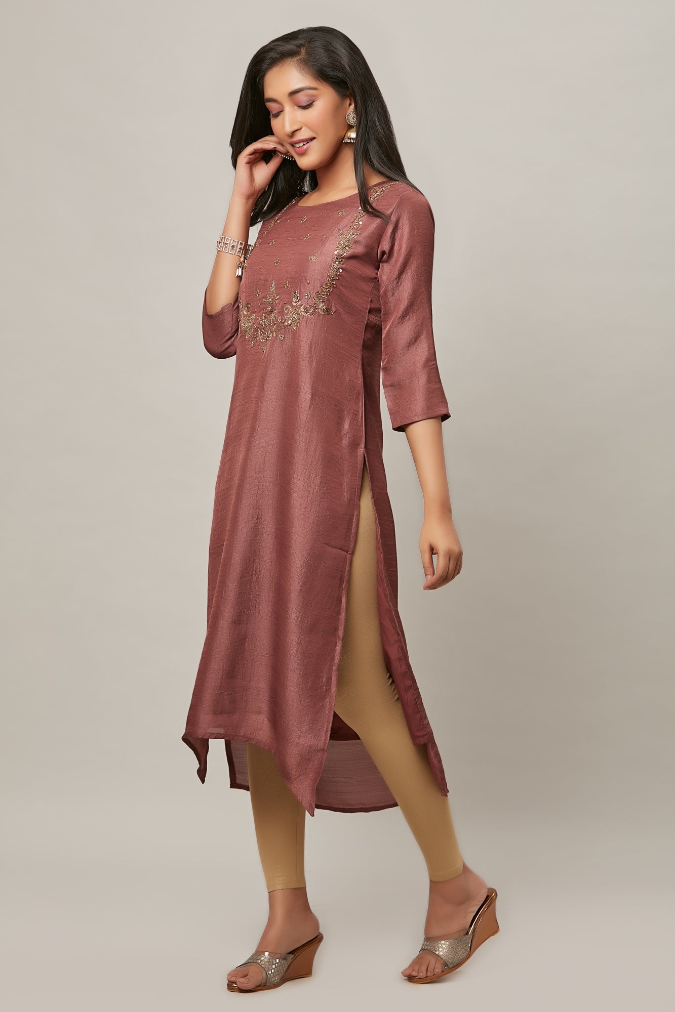 Urban Mystic Dark Peach Silk Straight Cut Embroidered Kurta