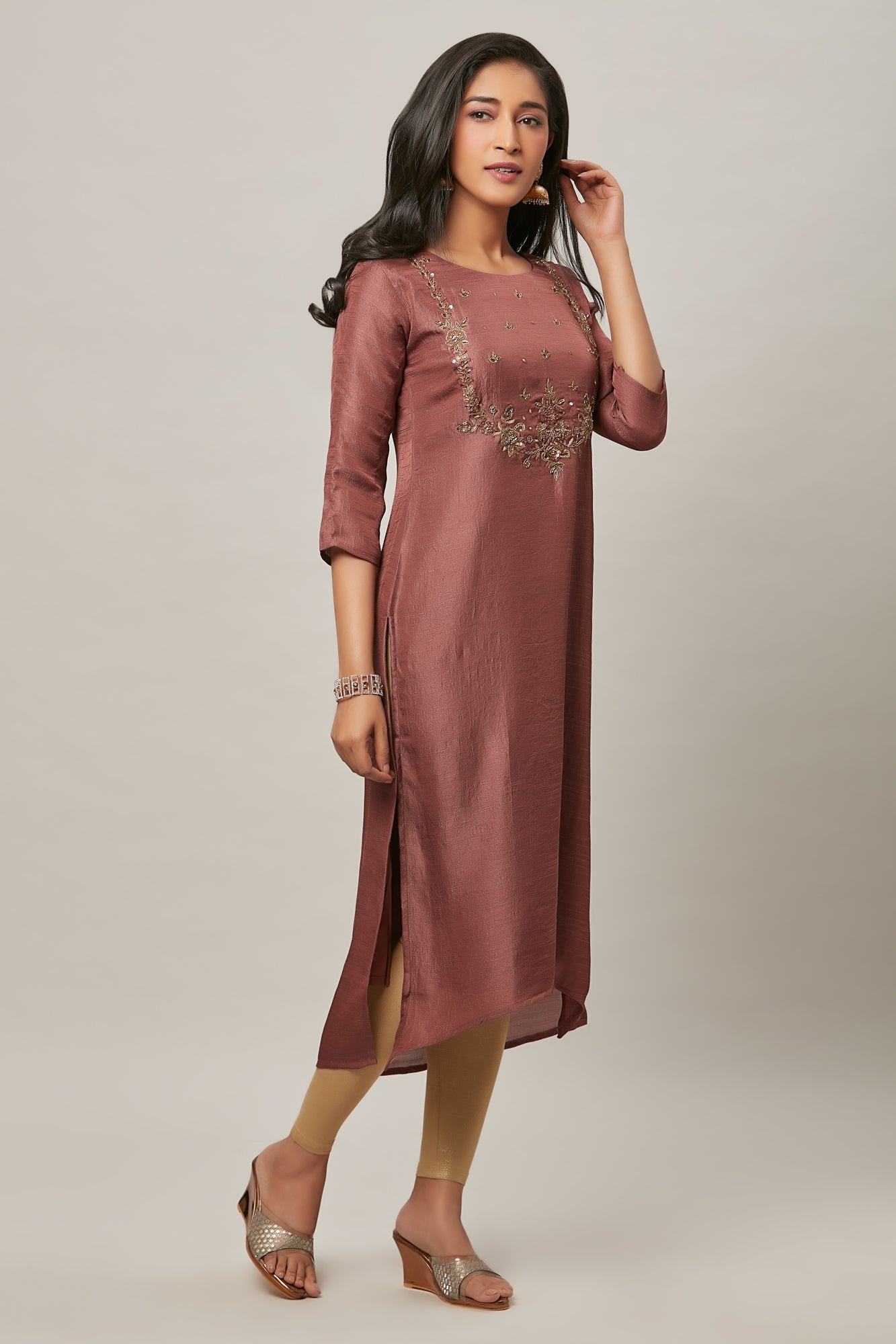 Urban Mystic Dark Peach Silk Straight Cut Embroidered Kurta