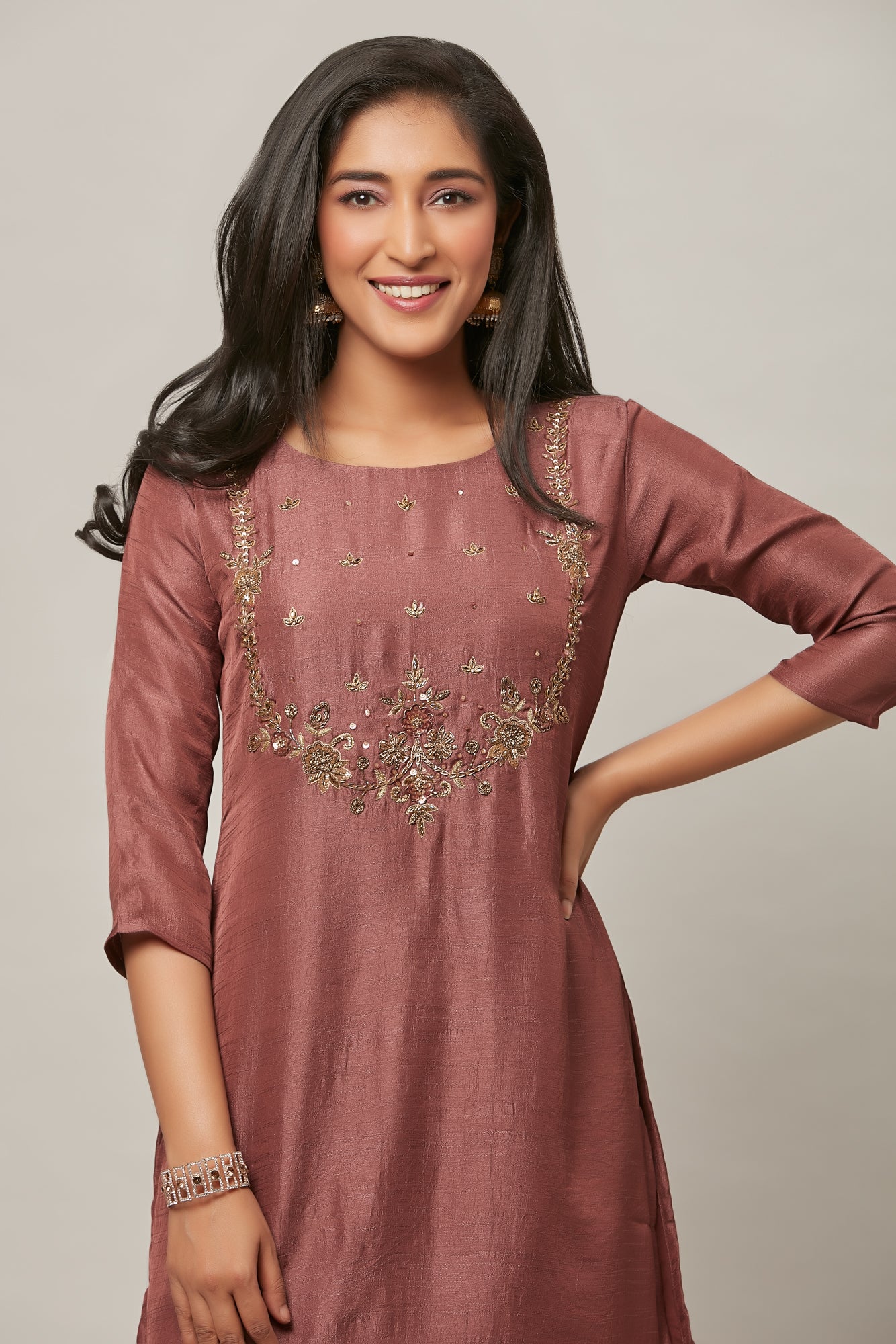 Urban Mystic Dark Peach Silk Straight Cut Embroidered Kurta